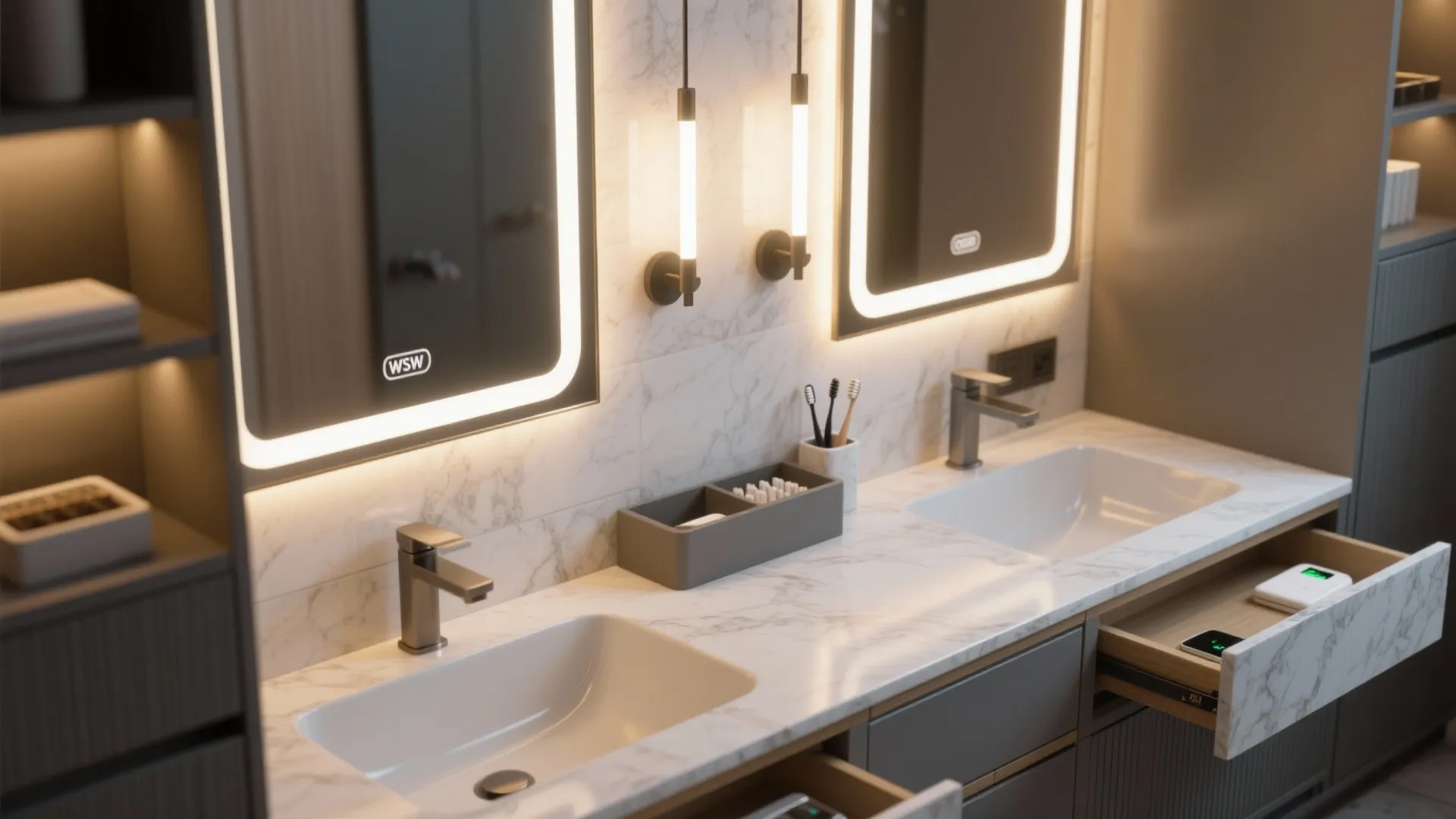 5. Integrated storage + layered lighting for two users