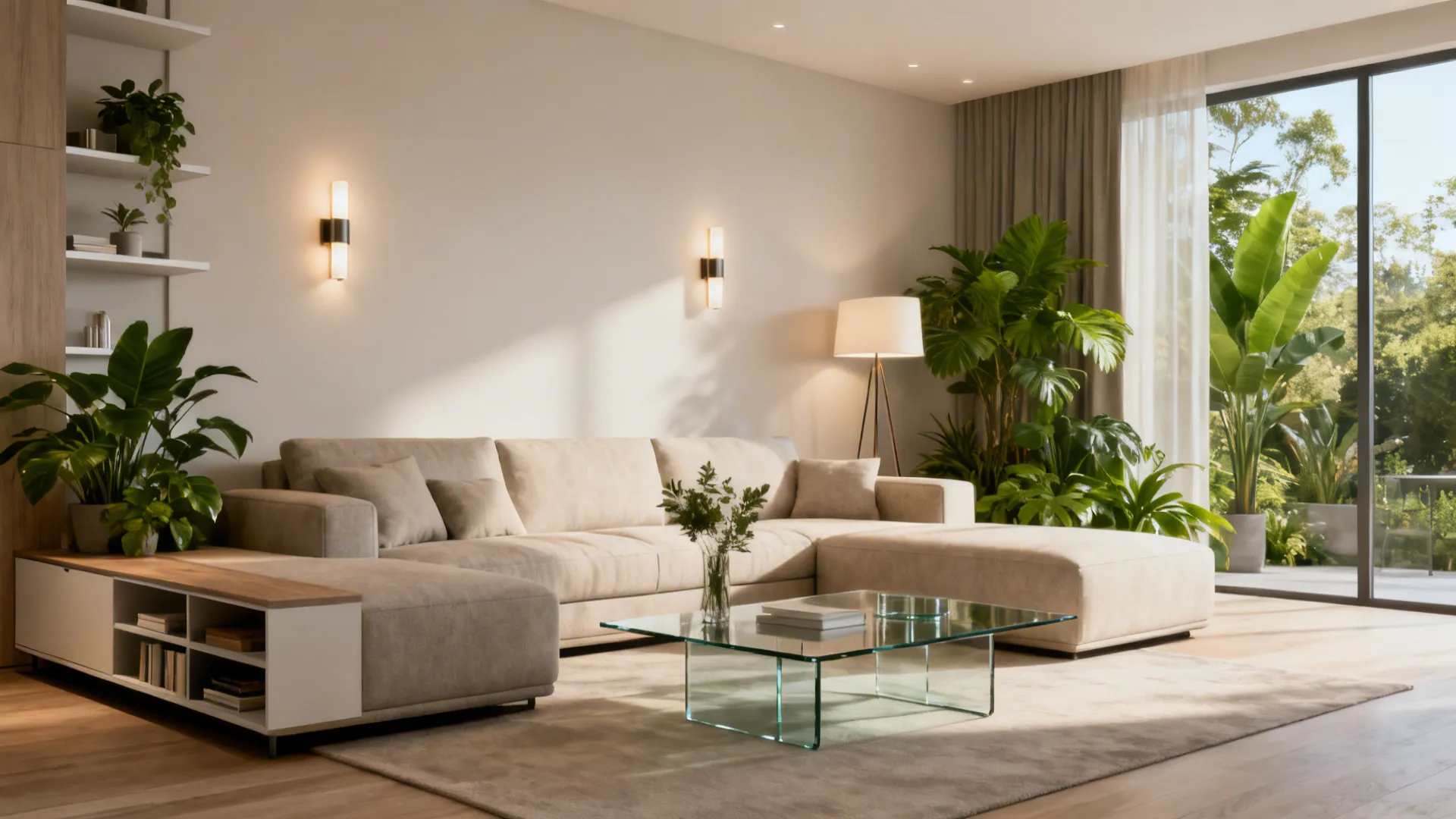 Modern living room with beige sofa glass coffee table green plants wall lights and large window