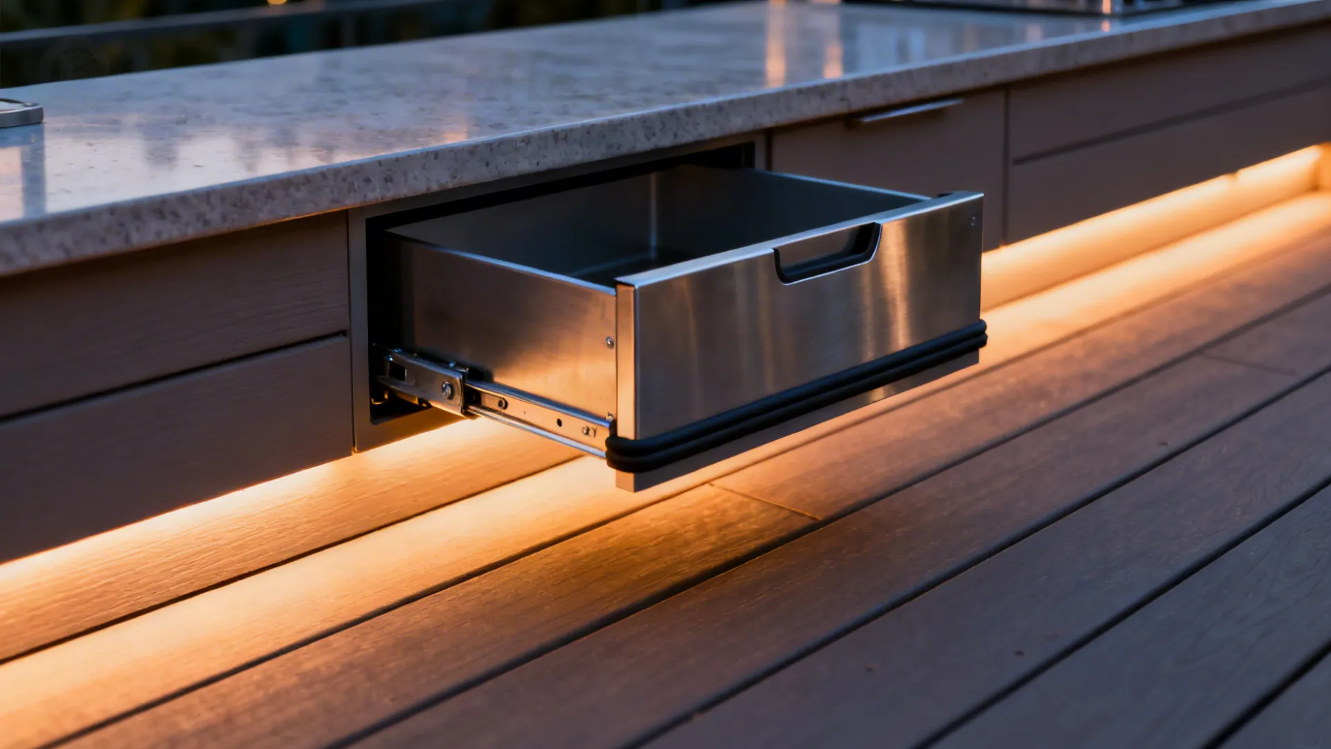 Macro of a weather-sealed stainless drawer with toe-kick LED lighting over a composite deck.