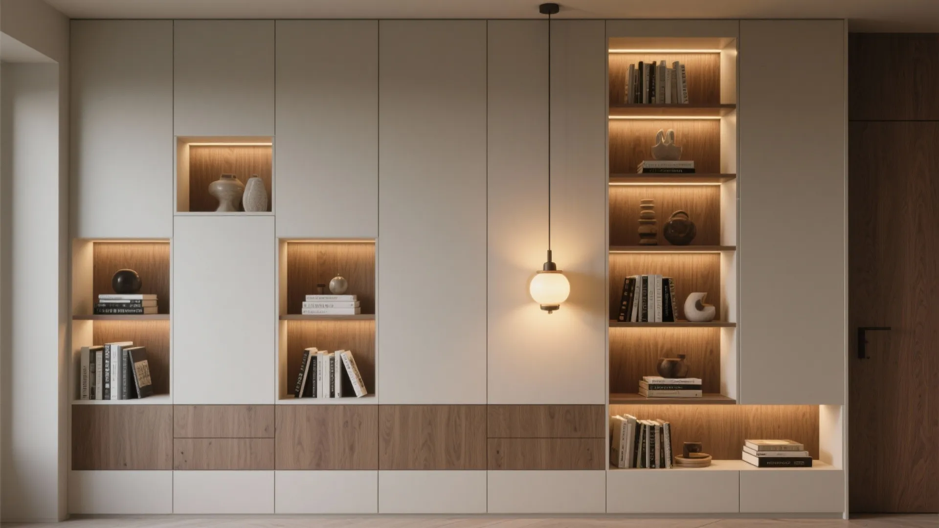 4. Zoned Lighting and Storage Walls
