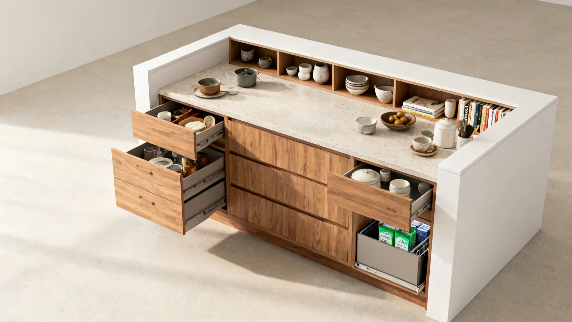 Storage-rich island with deep drawers and shallow back-panel niche shelves in a small L-shaped kitchen.
