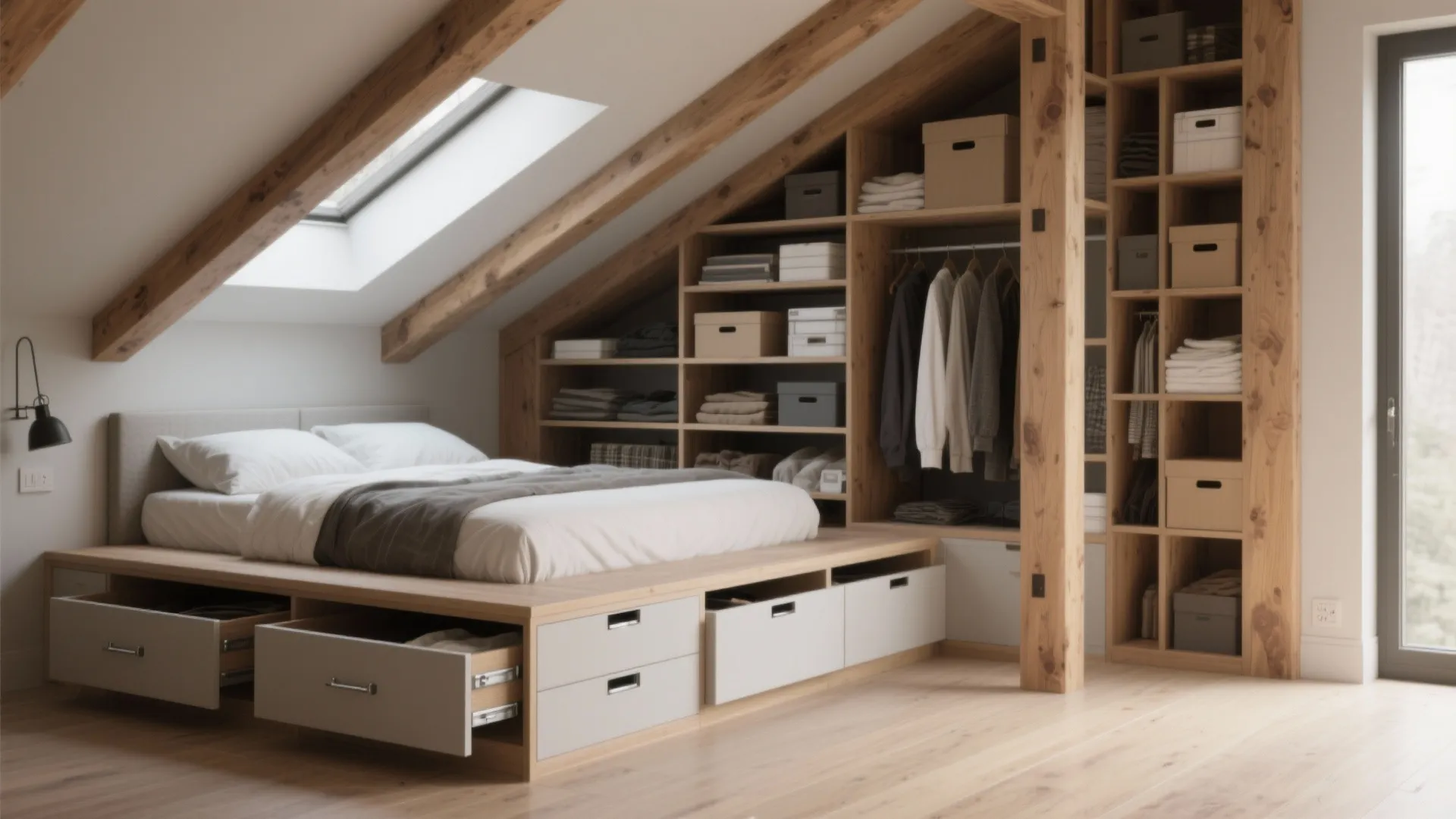 2. Storage-Integrated Loft with Drawers and Shelves