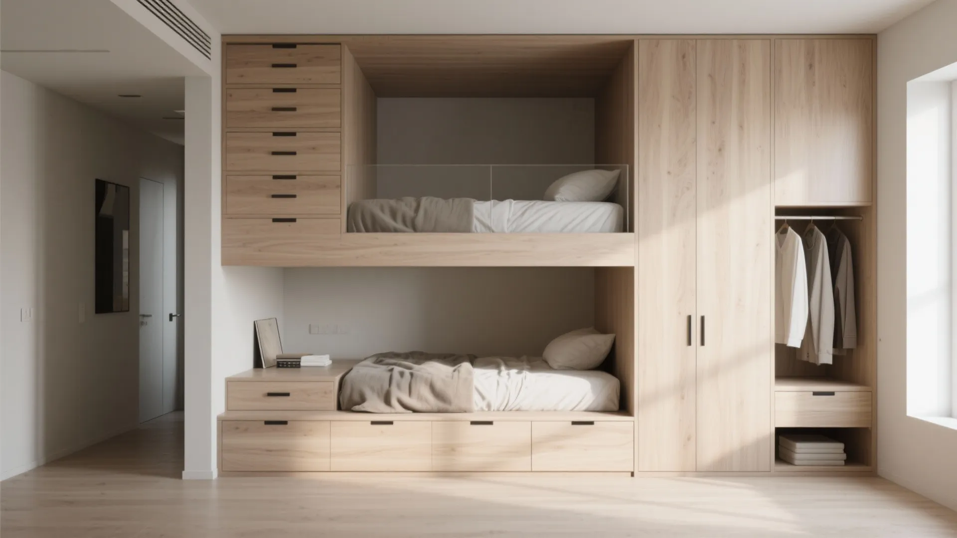 Loft bed with built-in drawers and compact wardrobe below for efficient storage