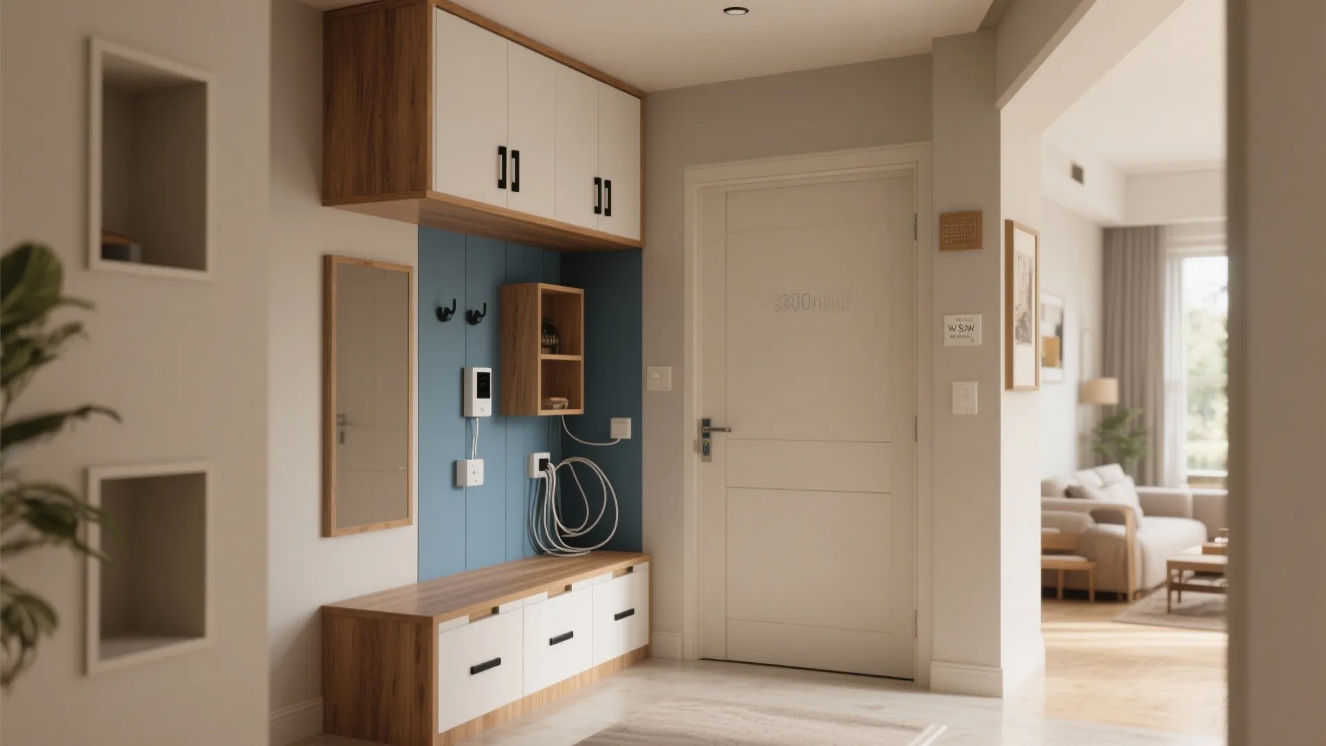 Small entryway with white storage cabinets blue wall panel wooden bench and a white front door