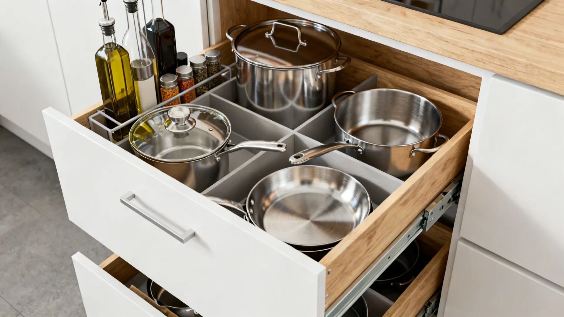 Open white kitchen drawer with wood interior containing stainless steel pots pans and glass bottles
