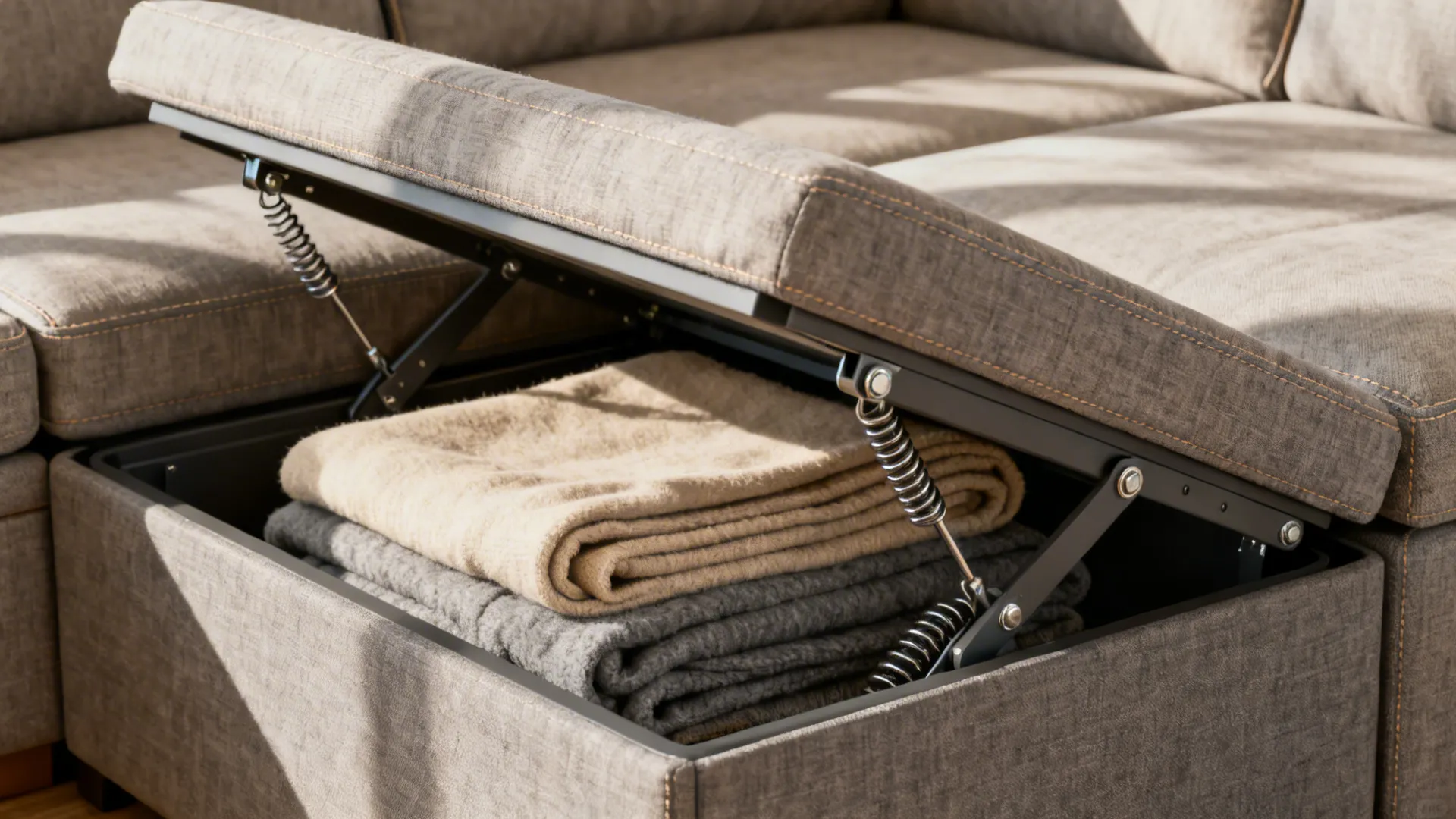 Compact loveseat with lift-up storage showing blankets inside