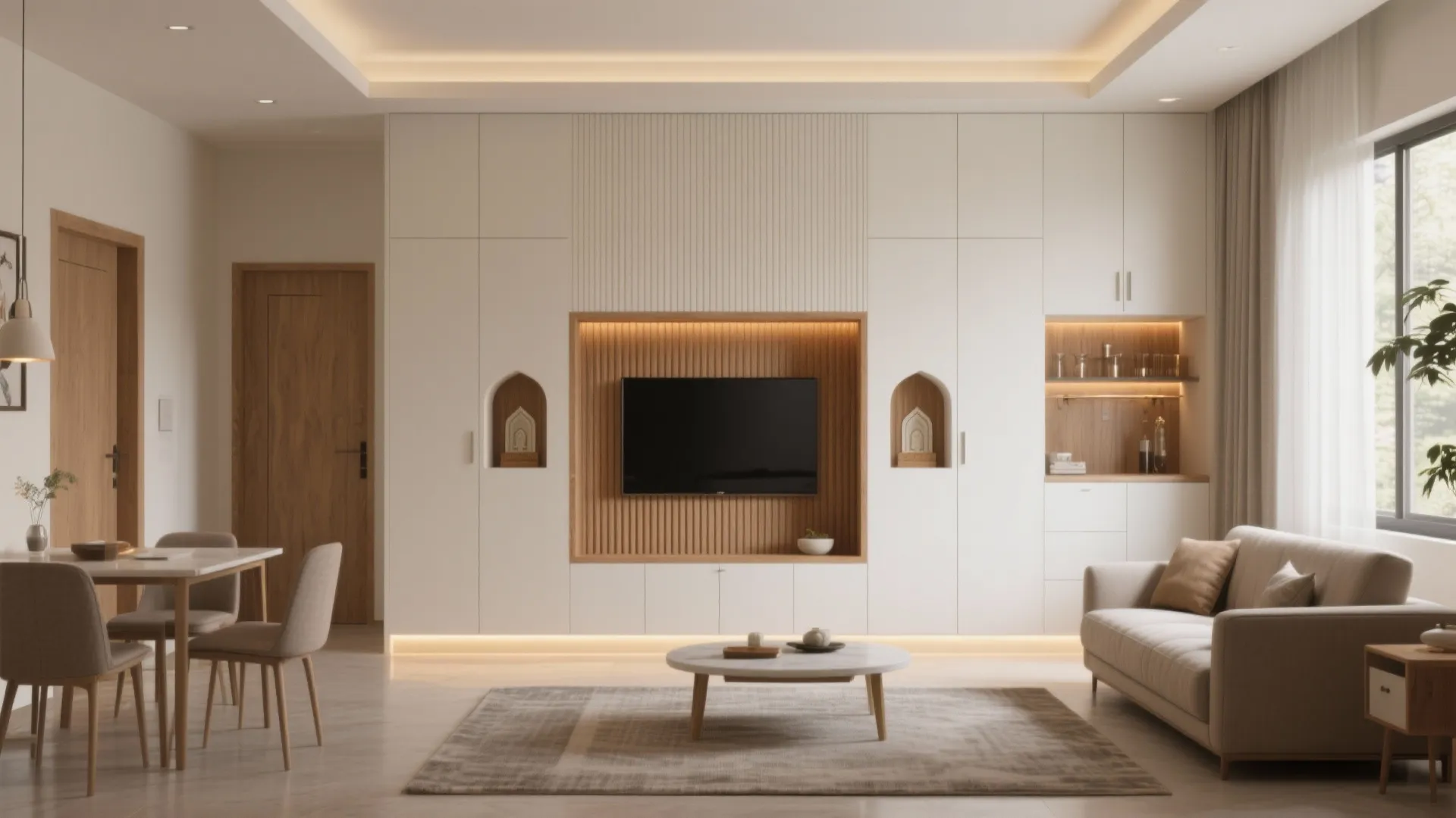 Minimalist storage wall for the living–dining