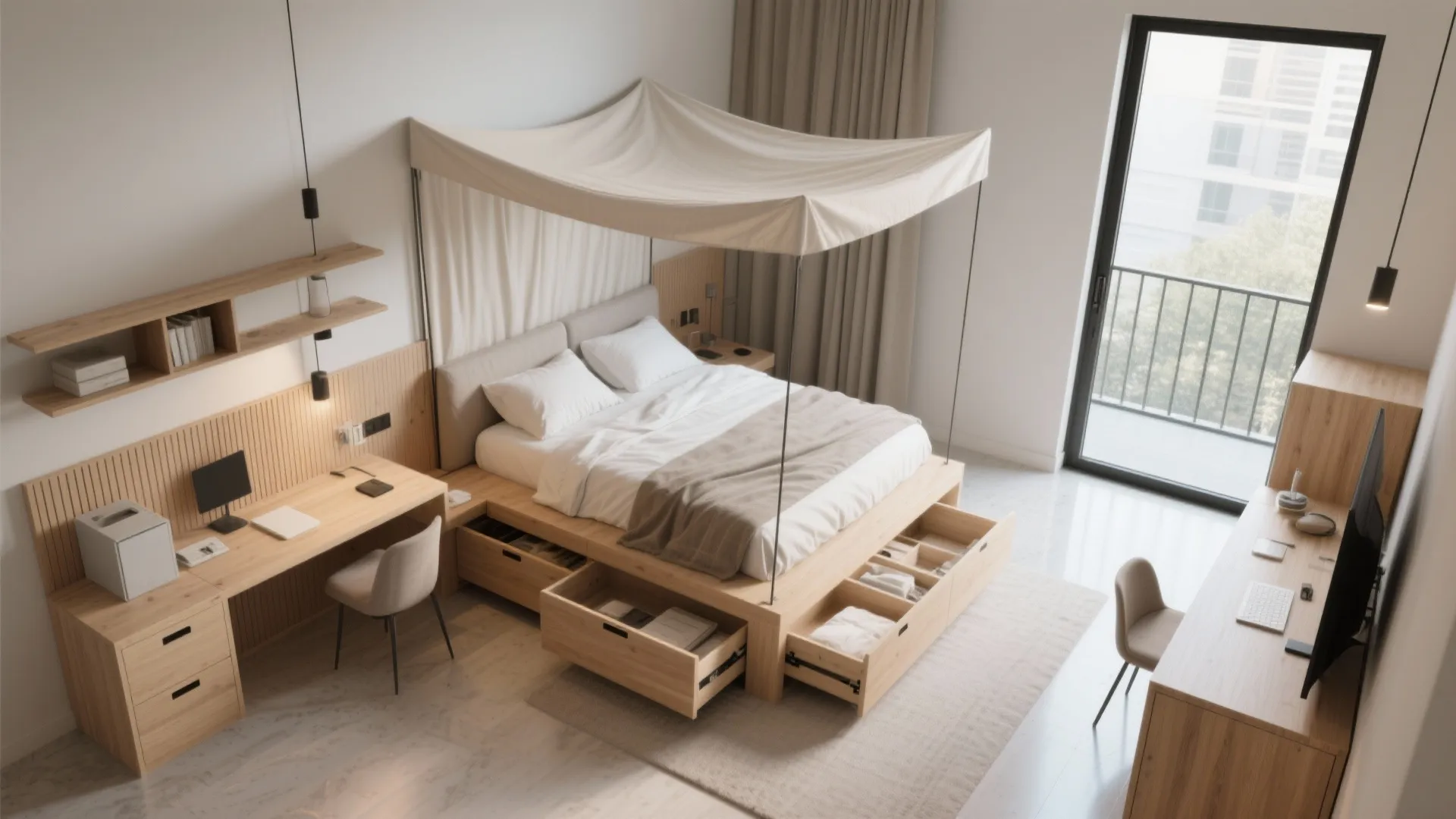 [Section: Clever Storage and L-shaped Nightstand Solution]