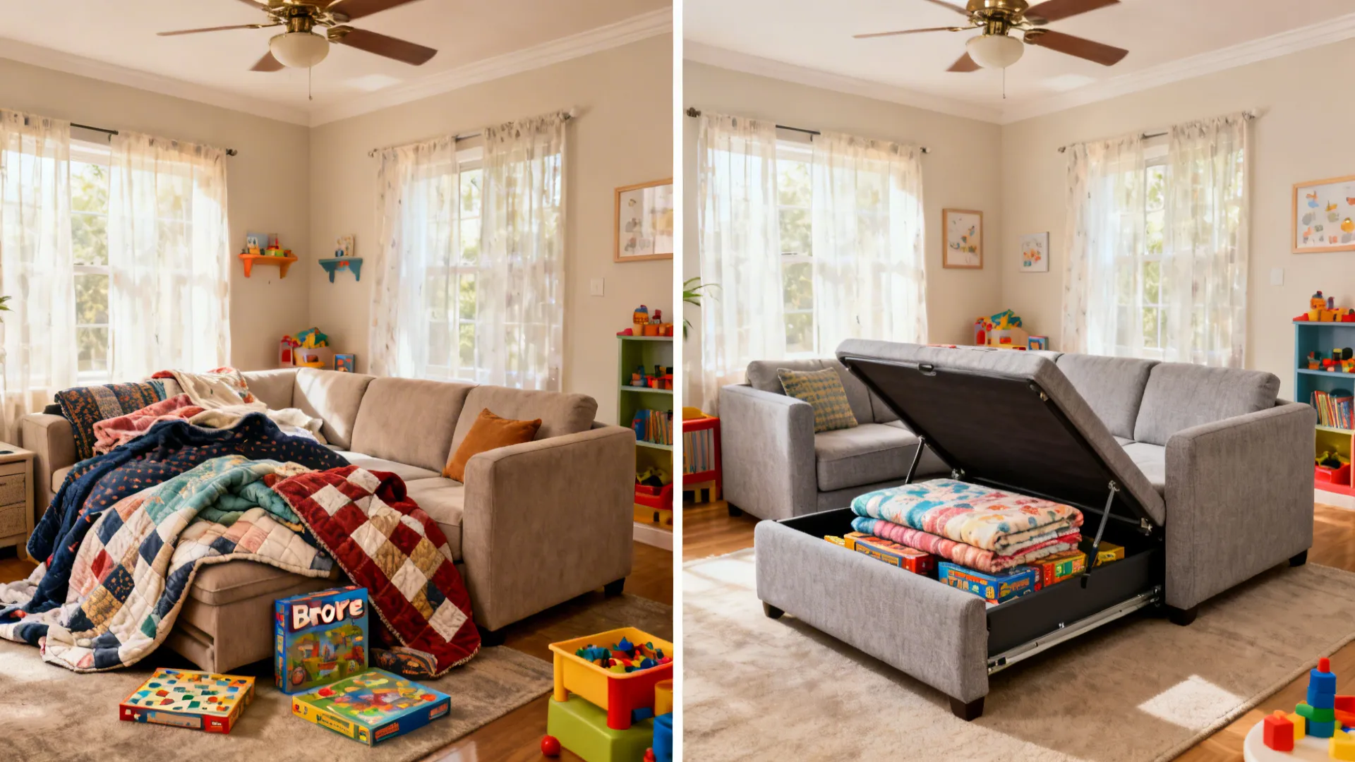 Before-and-after of an Indian living room upgraded to a storage-base L-shaped sofa with lift-up chaise.