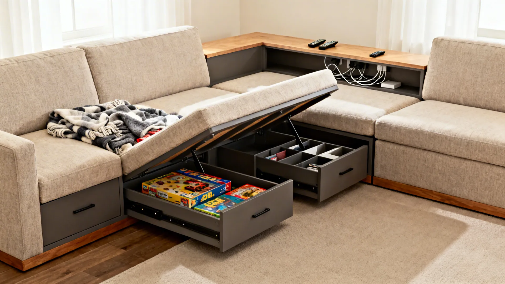 L-shaped sofa with lift-up chaise and under-seat drawers showing organized hidden storage.
