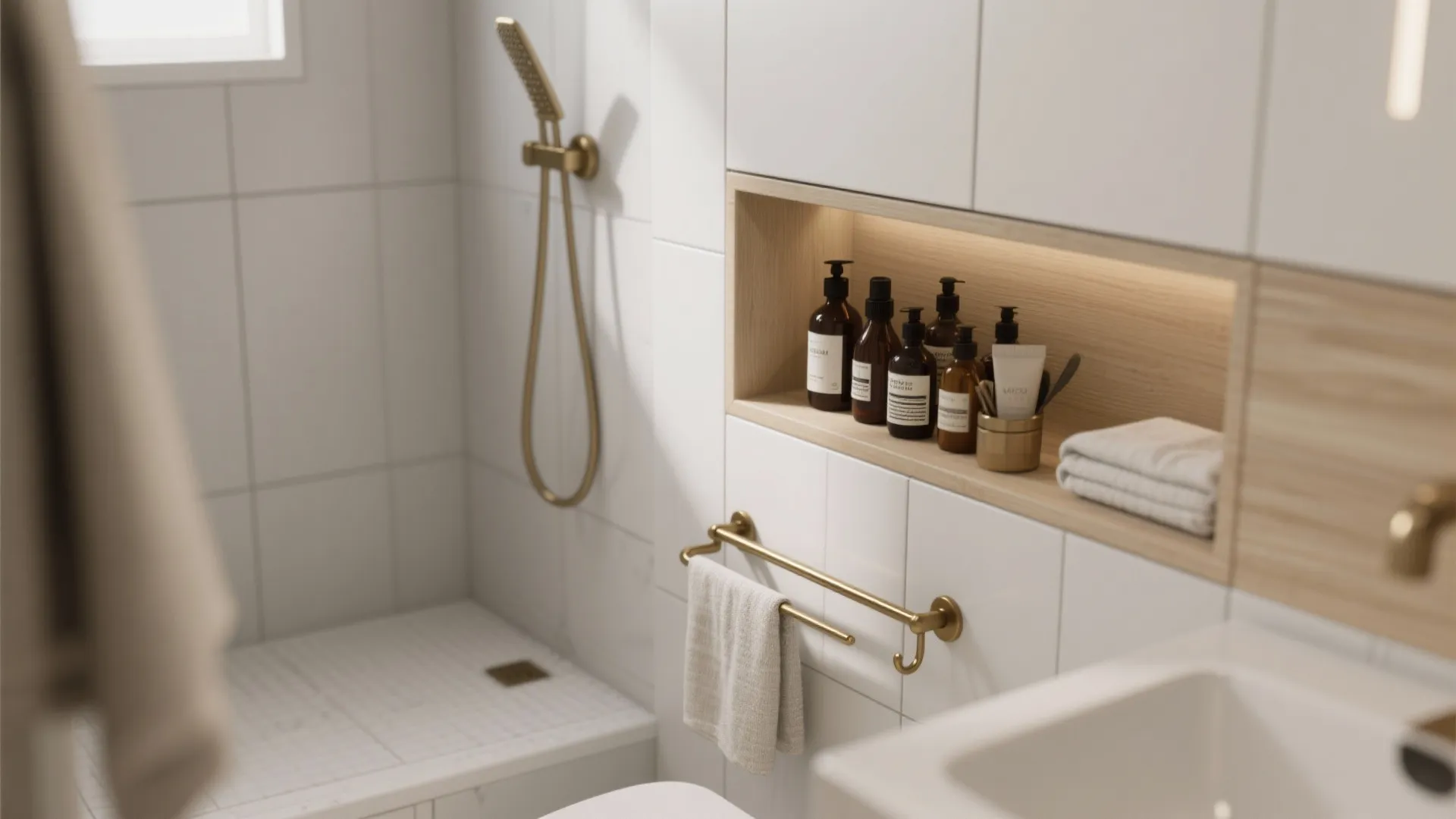 Bathroom wall shelf with soap bottles, towels, gold towel rack, and shower head in background