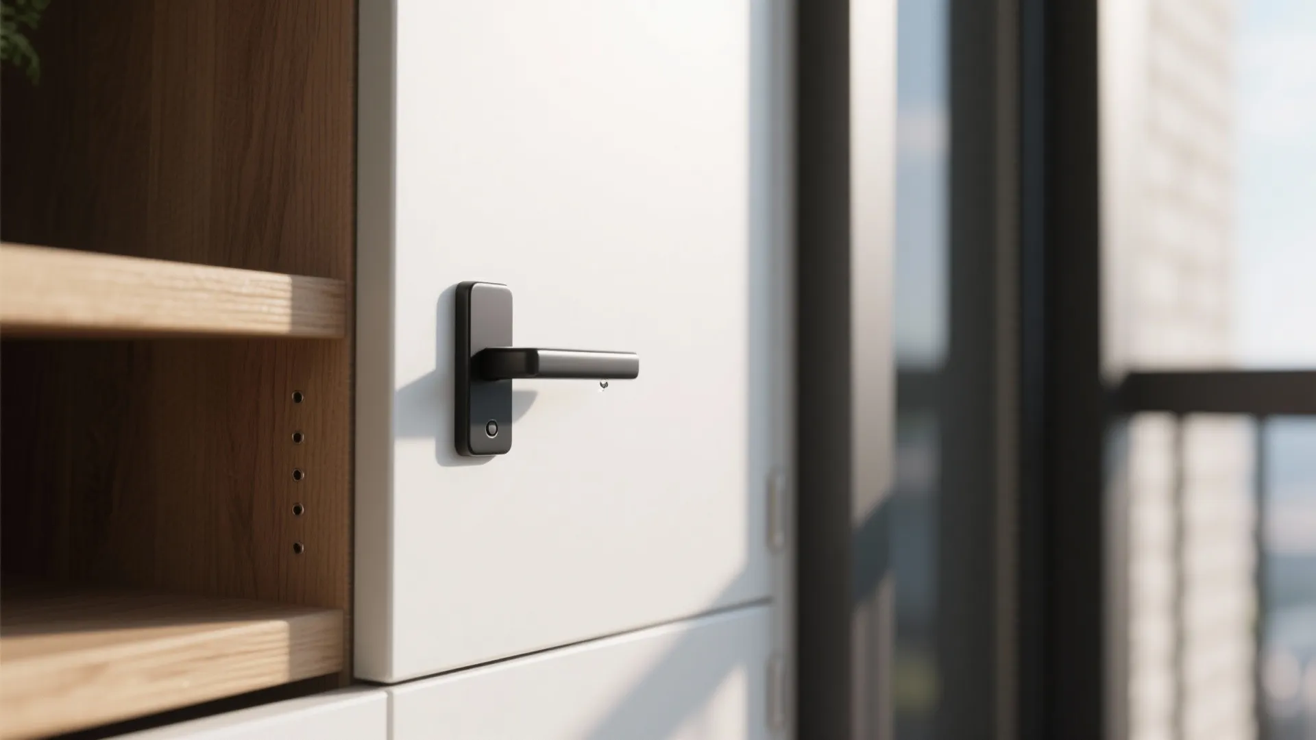 Close up of a modern white storage cabinet featuring a minimalist black door handle design