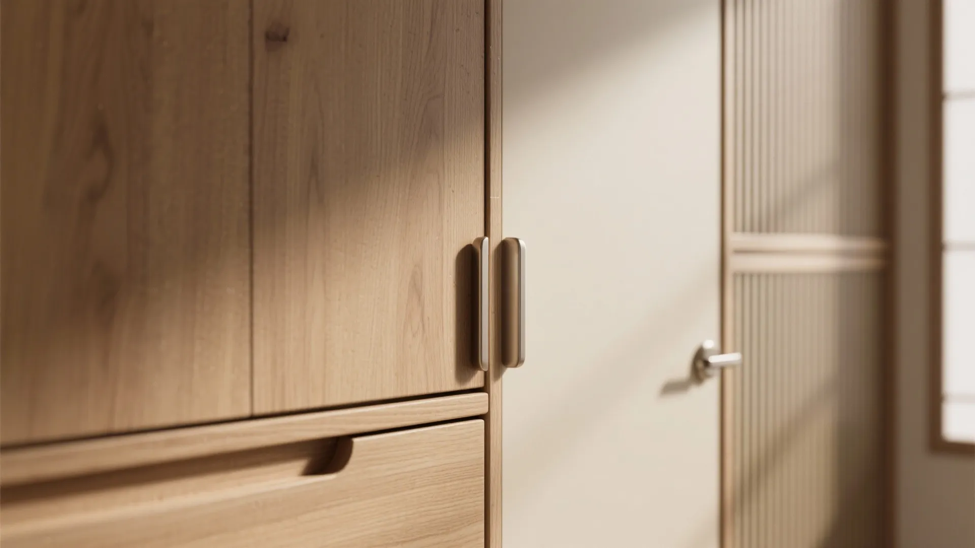 Built-in storage walls with Japandi calm