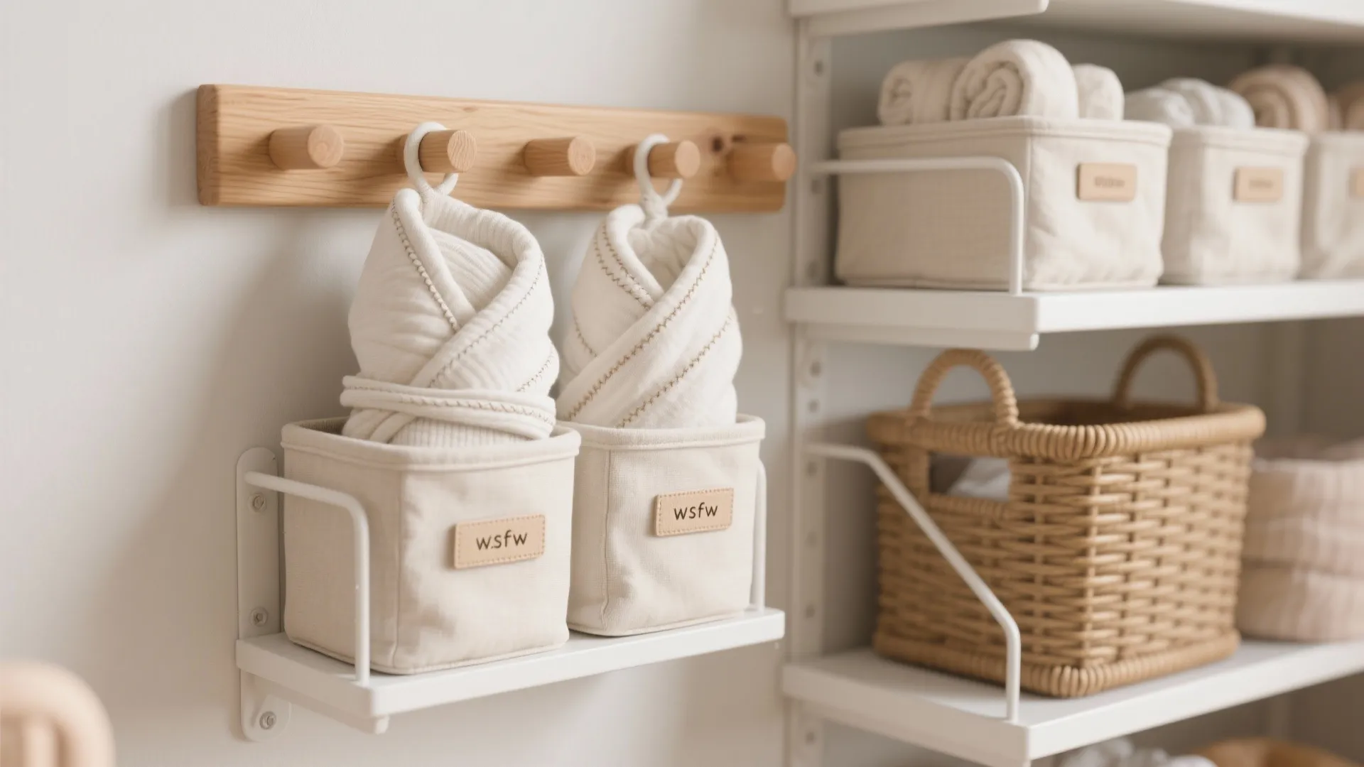 Wooden peg rail with white baby blankets hanging above white storage bins and woven basket