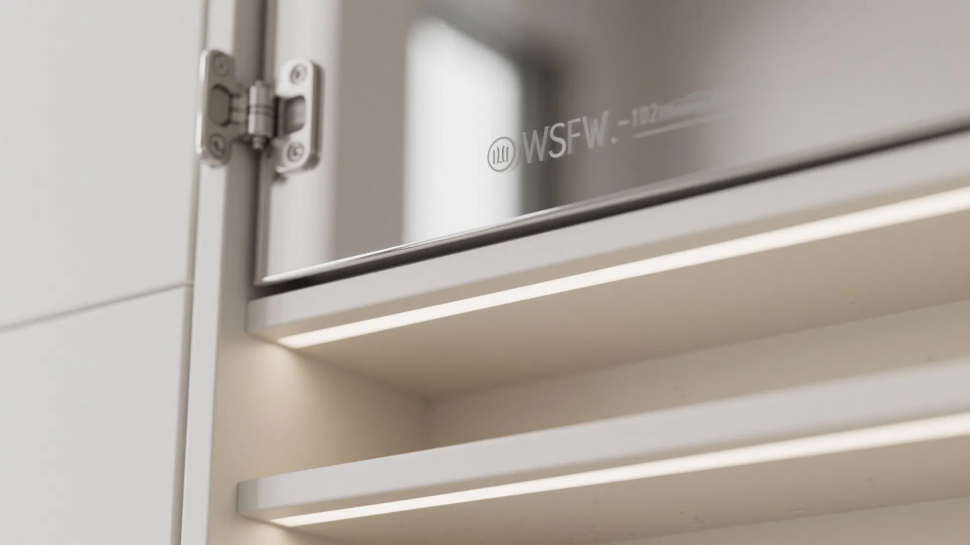 White cabinet glass door with metal hinge and shelf lights illuminating the inside storage space