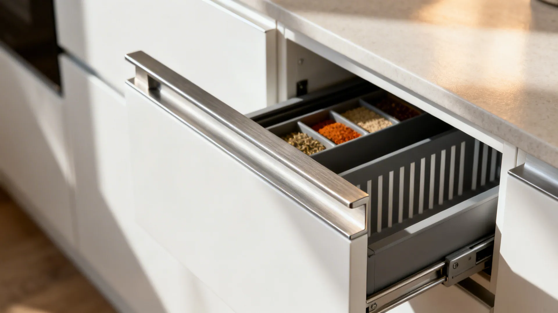 Macro of integrated channel pull and organized pull-out tray with spice inserts in a white cabinet.