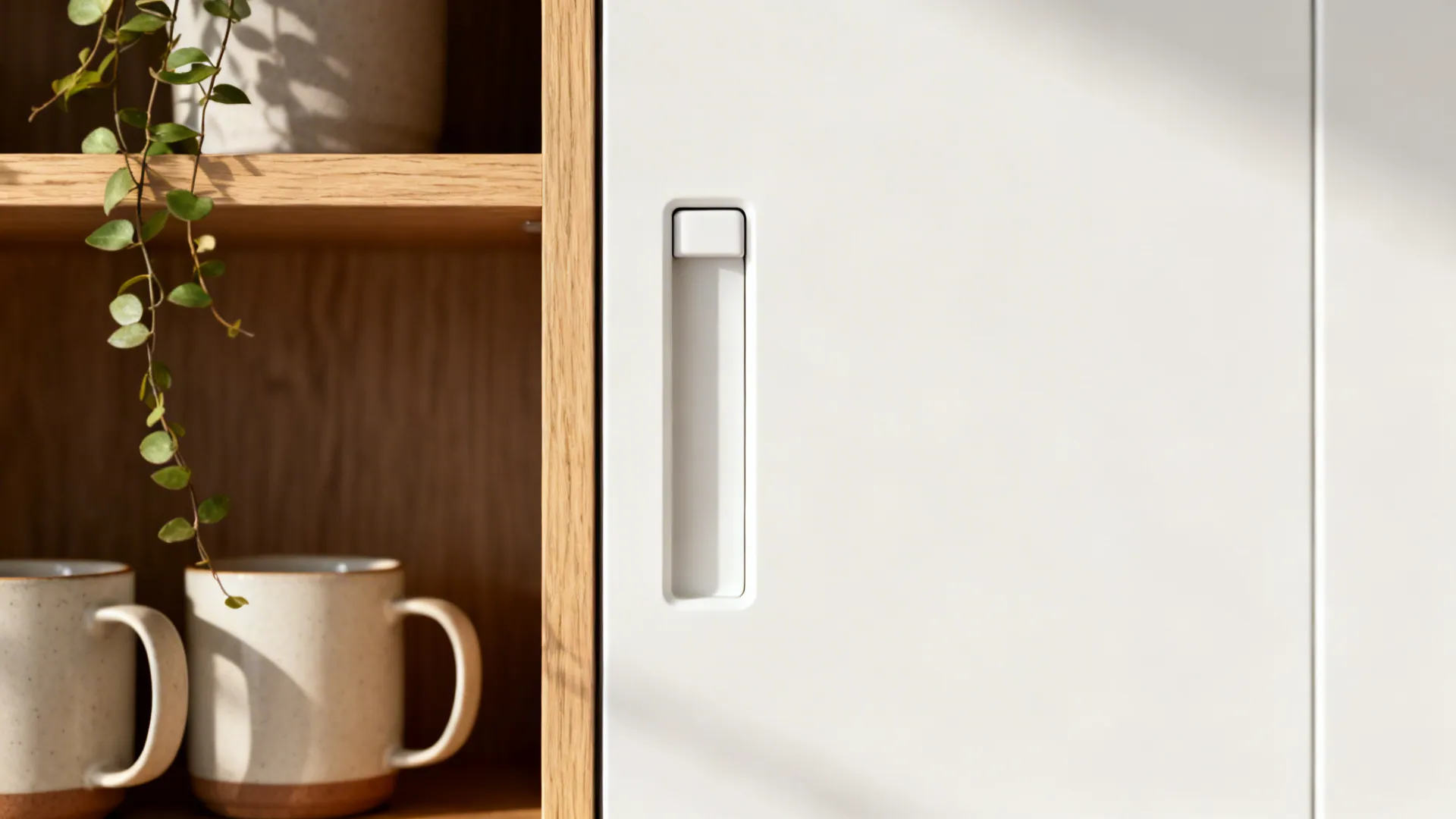 Macro of matte white cabinet with integrated pull and oak shelf with mugs and plant.