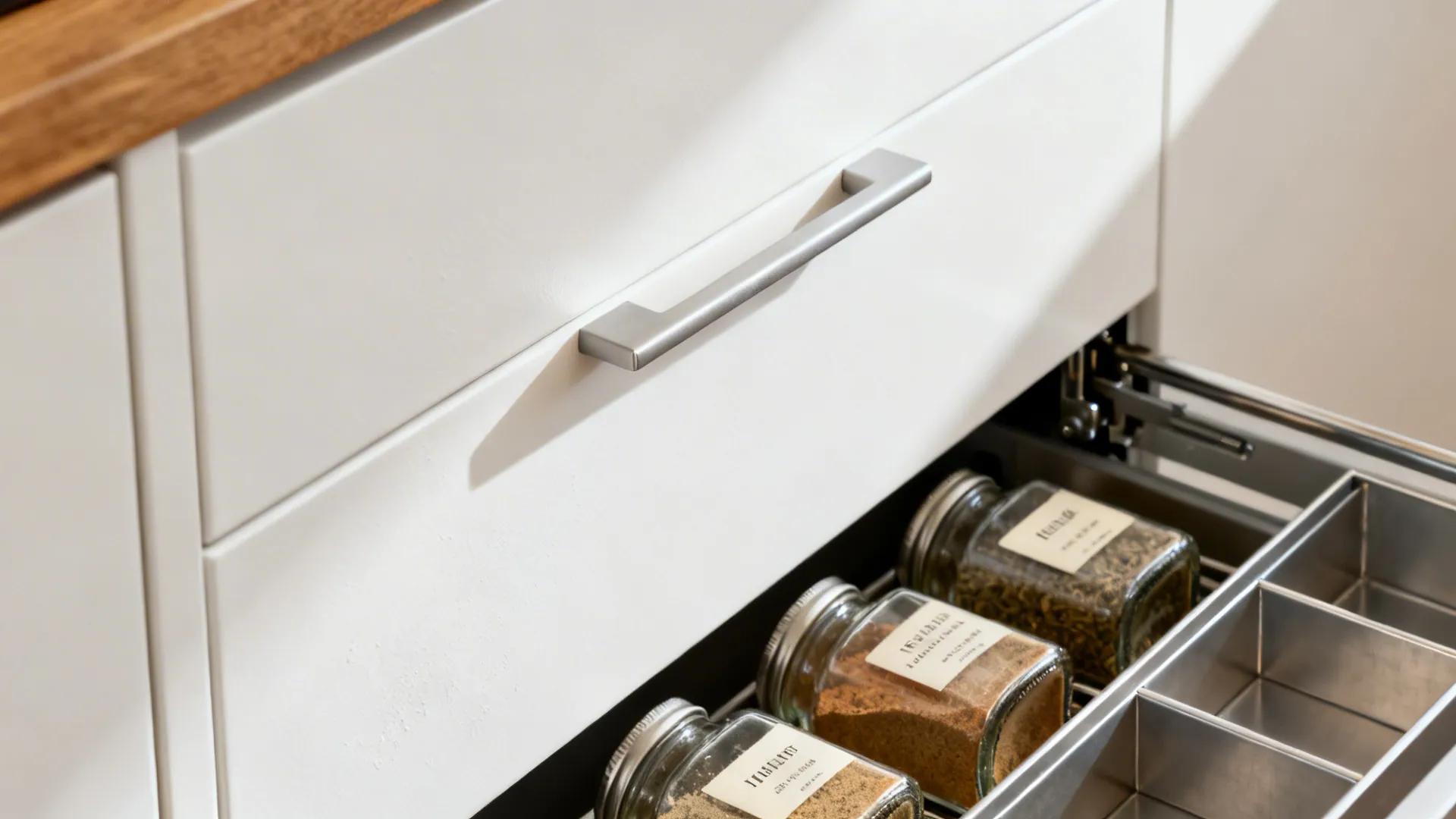 Macro of matte cabinet door, soft-close hinge, and a slim pull-out spice rack with metal drawer box.