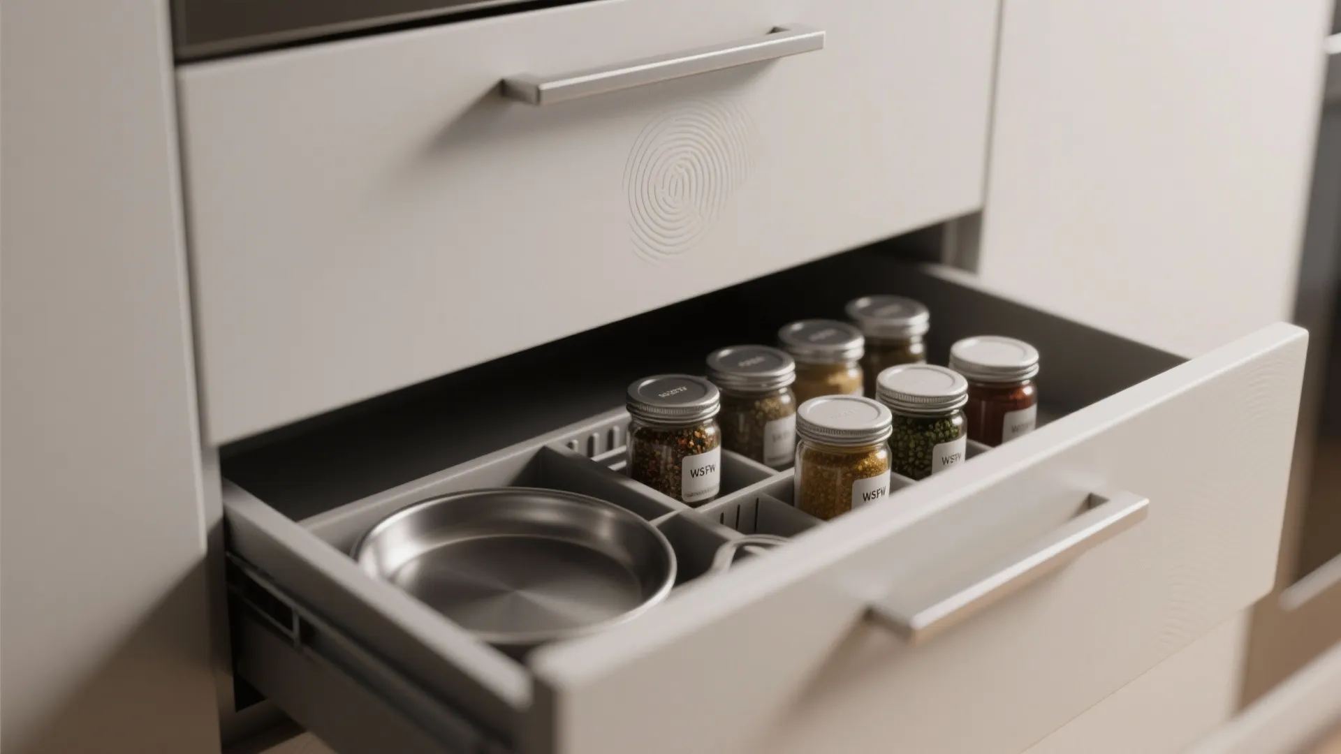 Open kitchen cabinet drawer containing several spice jars, small metal dish, and organized grey storage