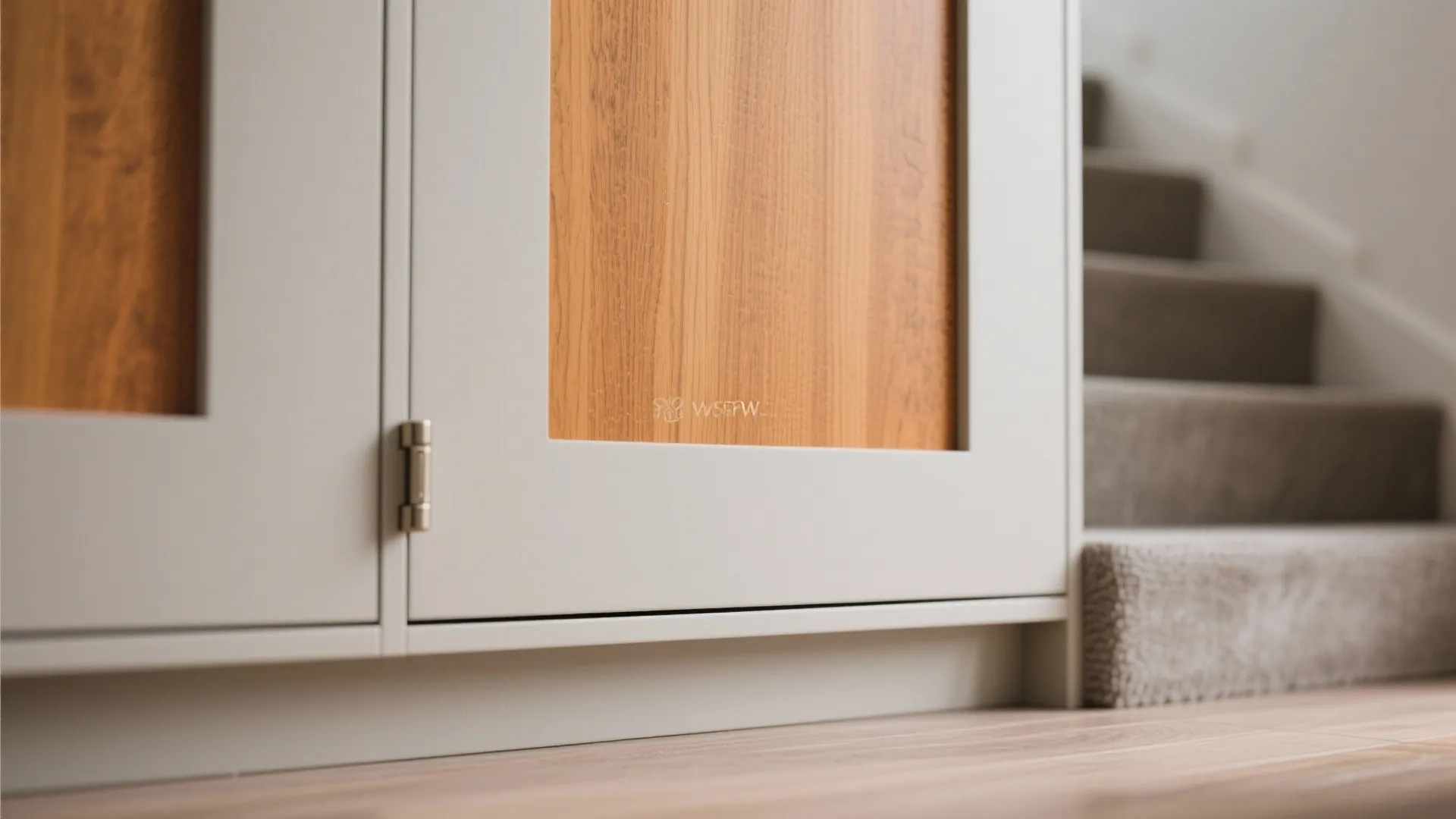 Under-stair storage wall with concealed doors