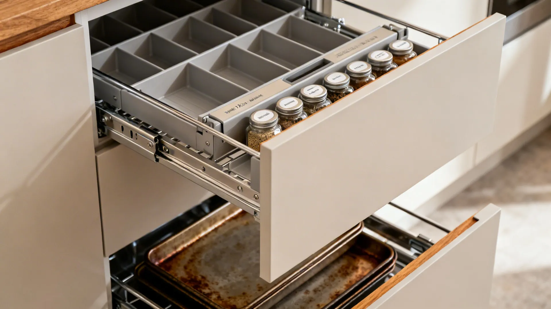 Macro shot of spice pull-out, tray dividers, and toe-kick drawer in a matte cabinet.