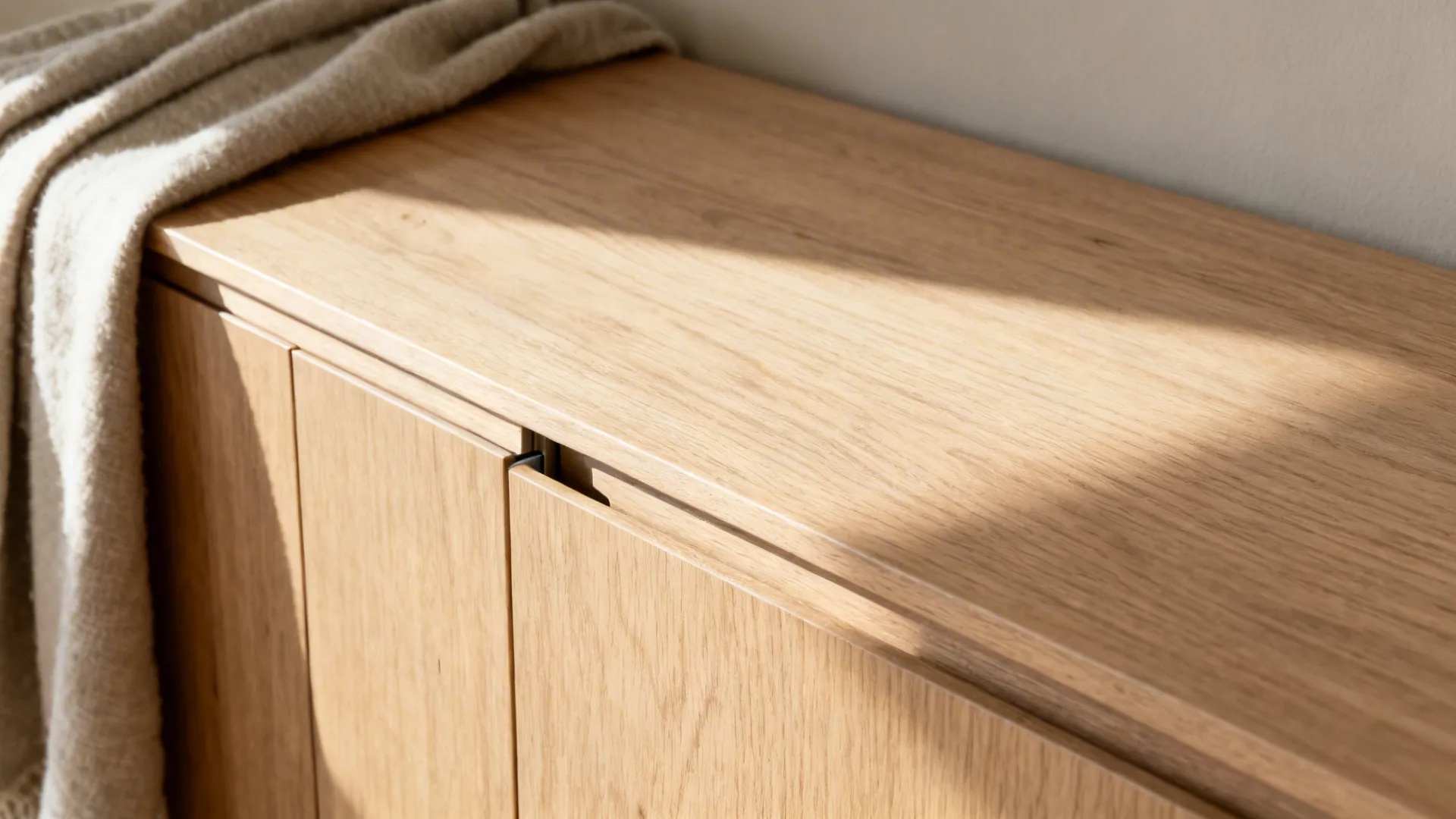Macro of pale oak credenza drawer with seamless pull and soft daylight.