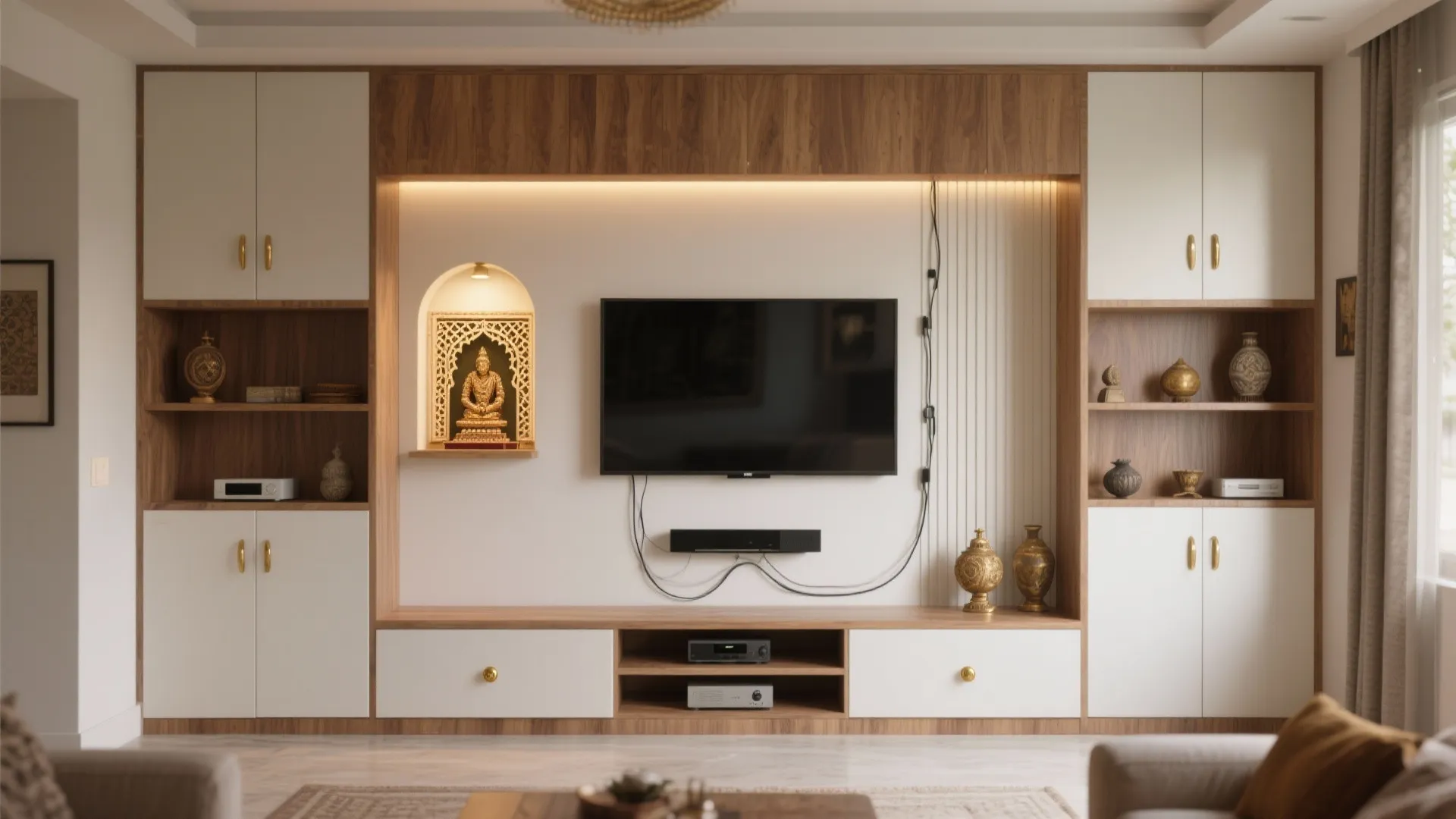 Wall-to-ceiling storage with a jali or glass mandir