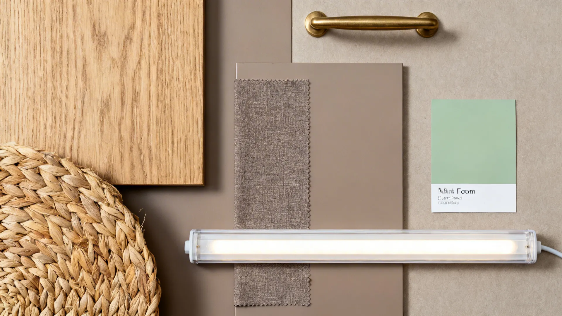 Flat lay of oak veneer, taupe lacquer, linen, basket fiber, brass pull, and green paint chip.