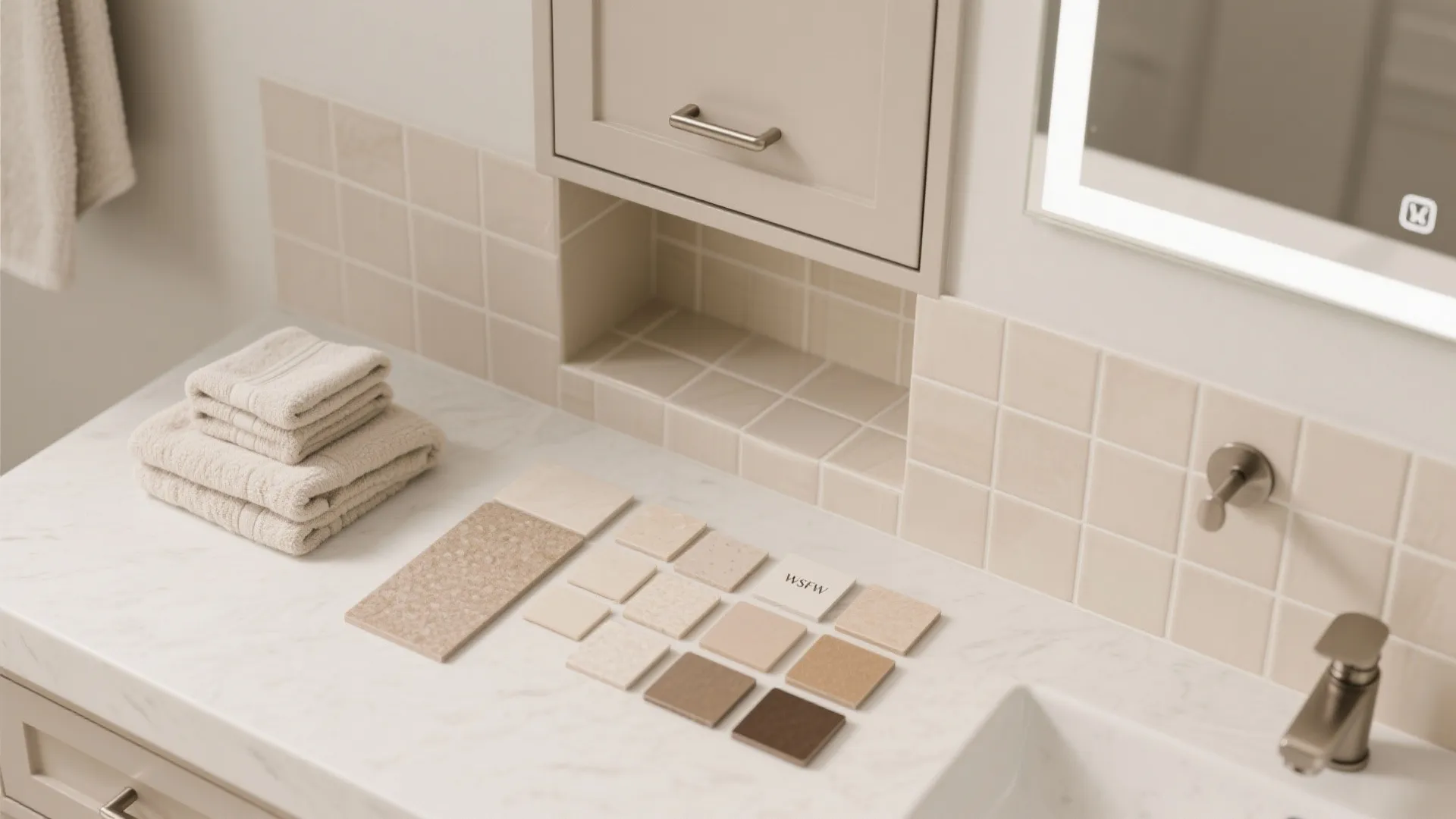 Flat lay of recessed niche tiles, mirrored cabinet detail, hardware, and neutral grout swatches.