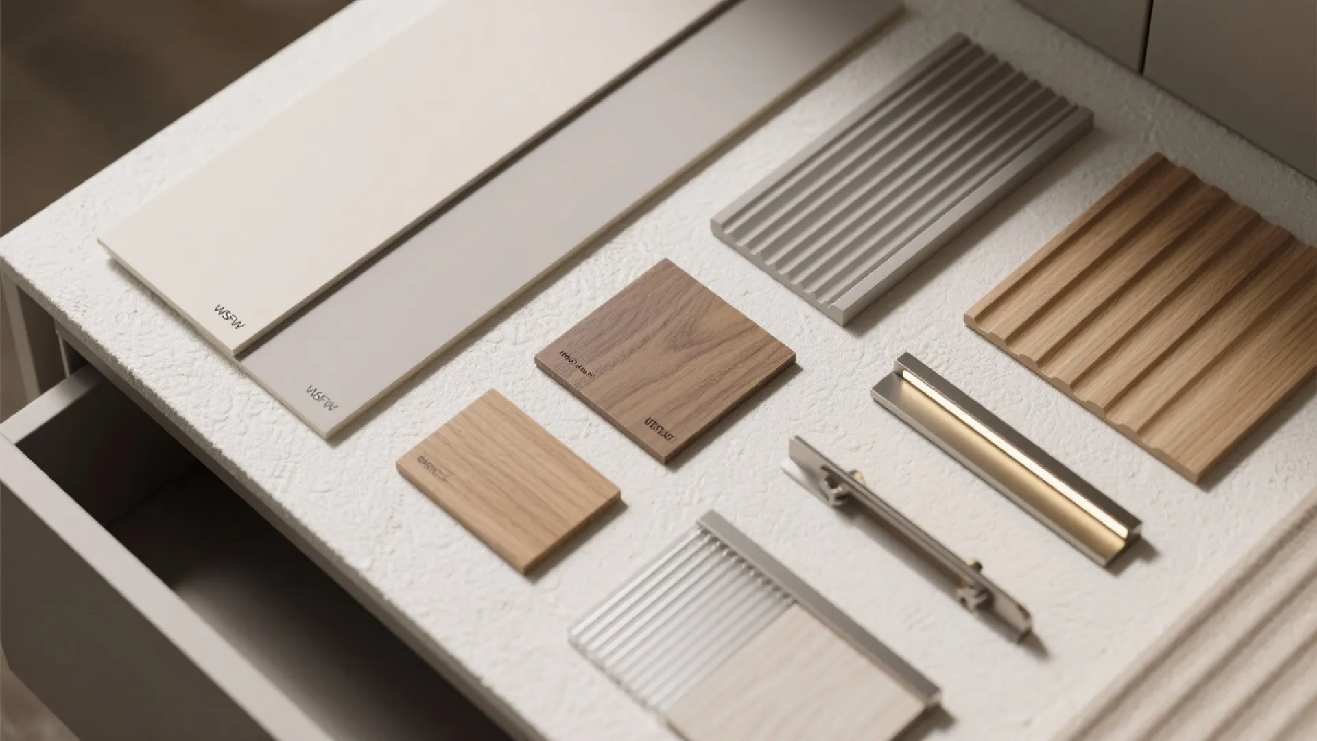 Various interior design material samples including wood panels metal handles and ribbed wall panel textures