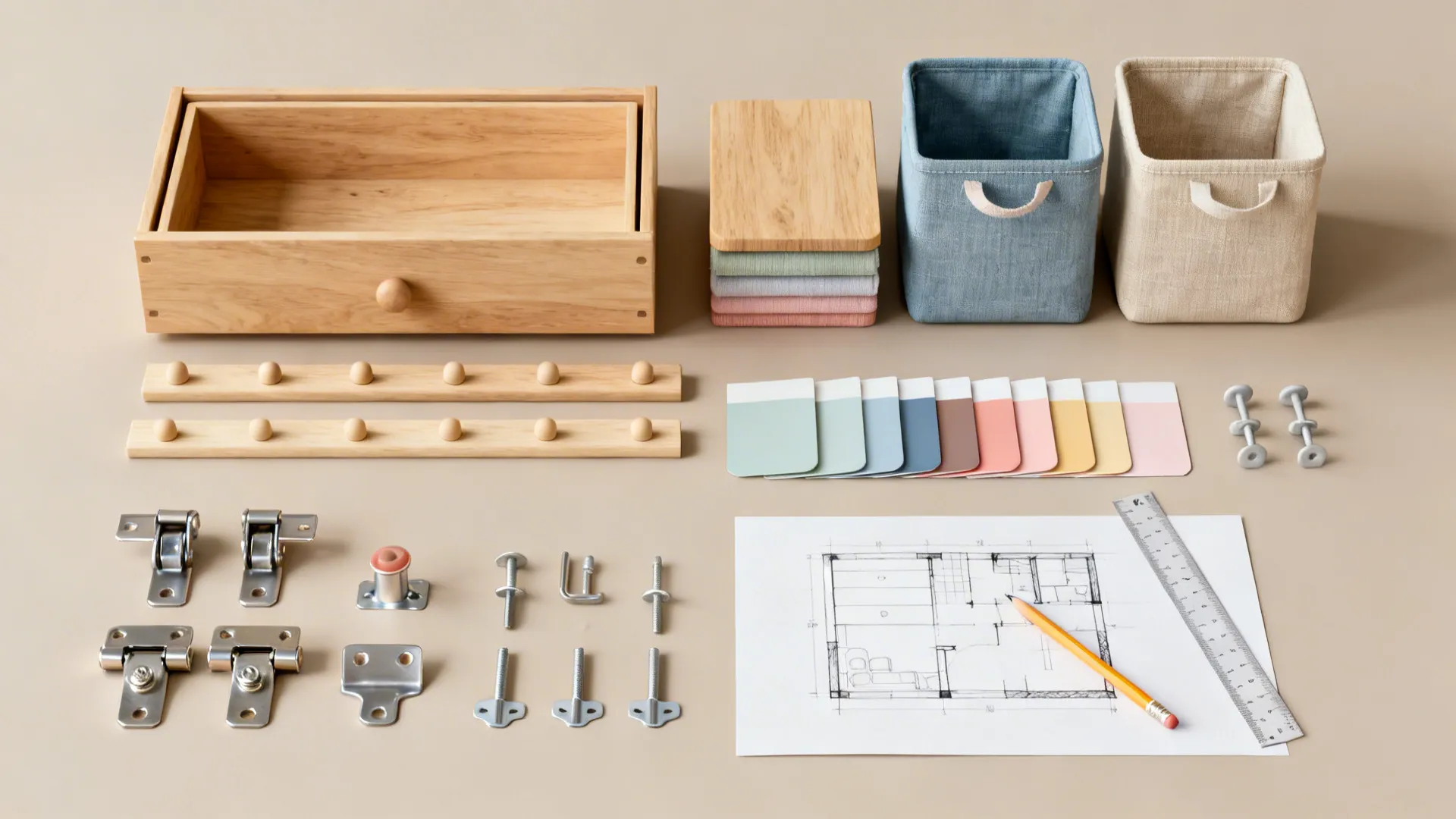 Flatlay of drawer hardware, peg rail samples, fabric bin swatches and a quick 2D sketch for room planning.