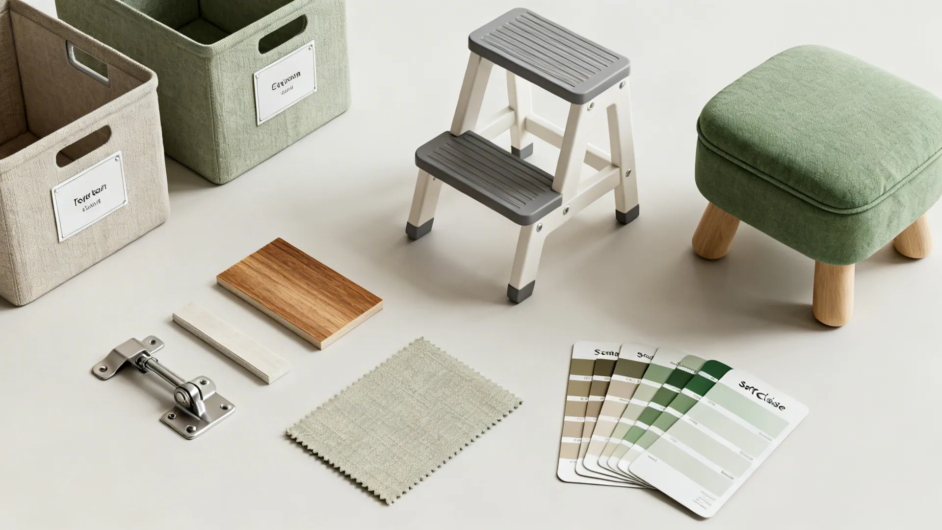 Flatlay of labeled fabric bins, hinge sample, and material swatches for toy storage planning.