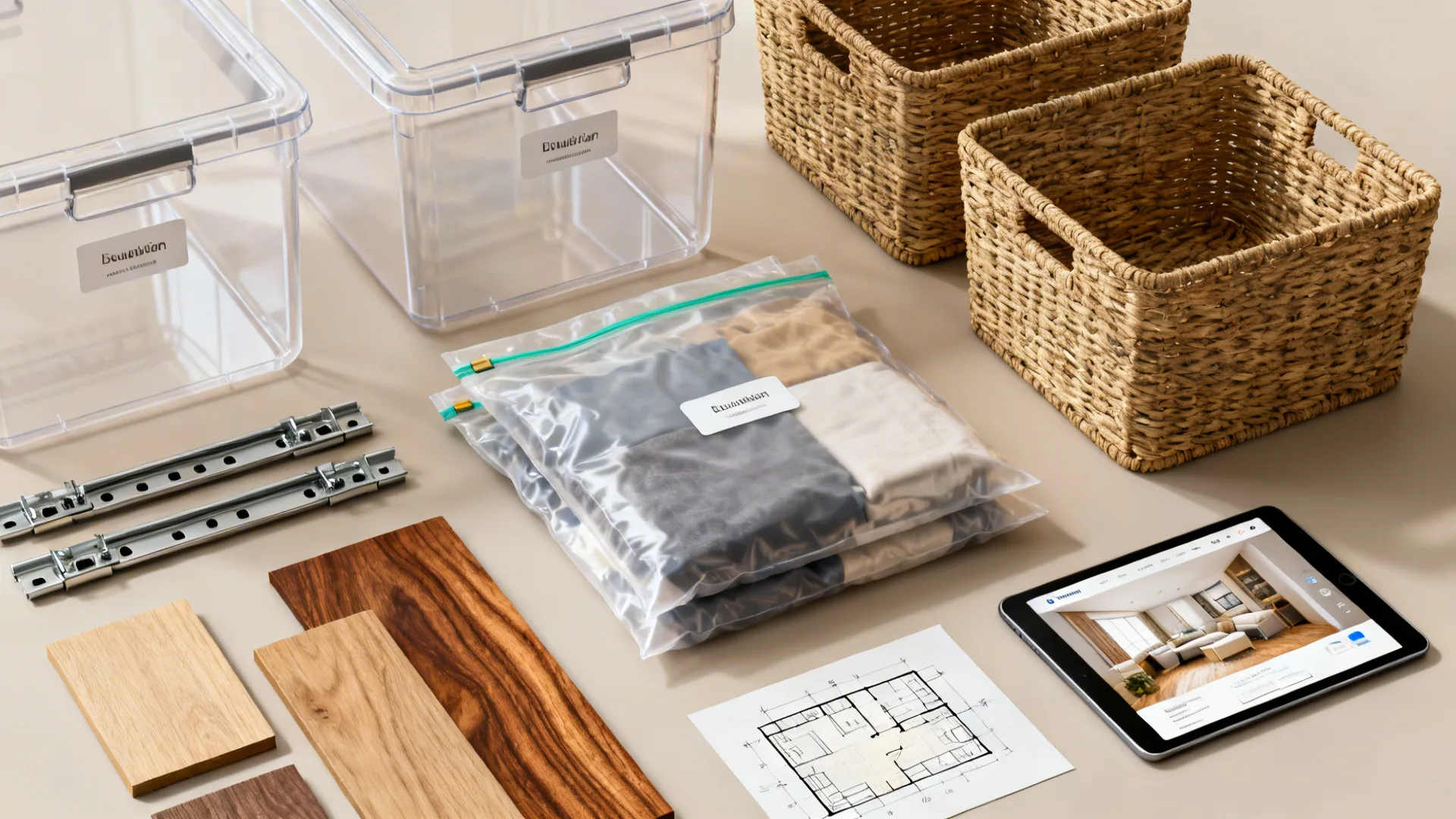 Flatlay of storage materials: bins, vacuum bags, drawer hardware, wood samples, and a tablet with a room planner.