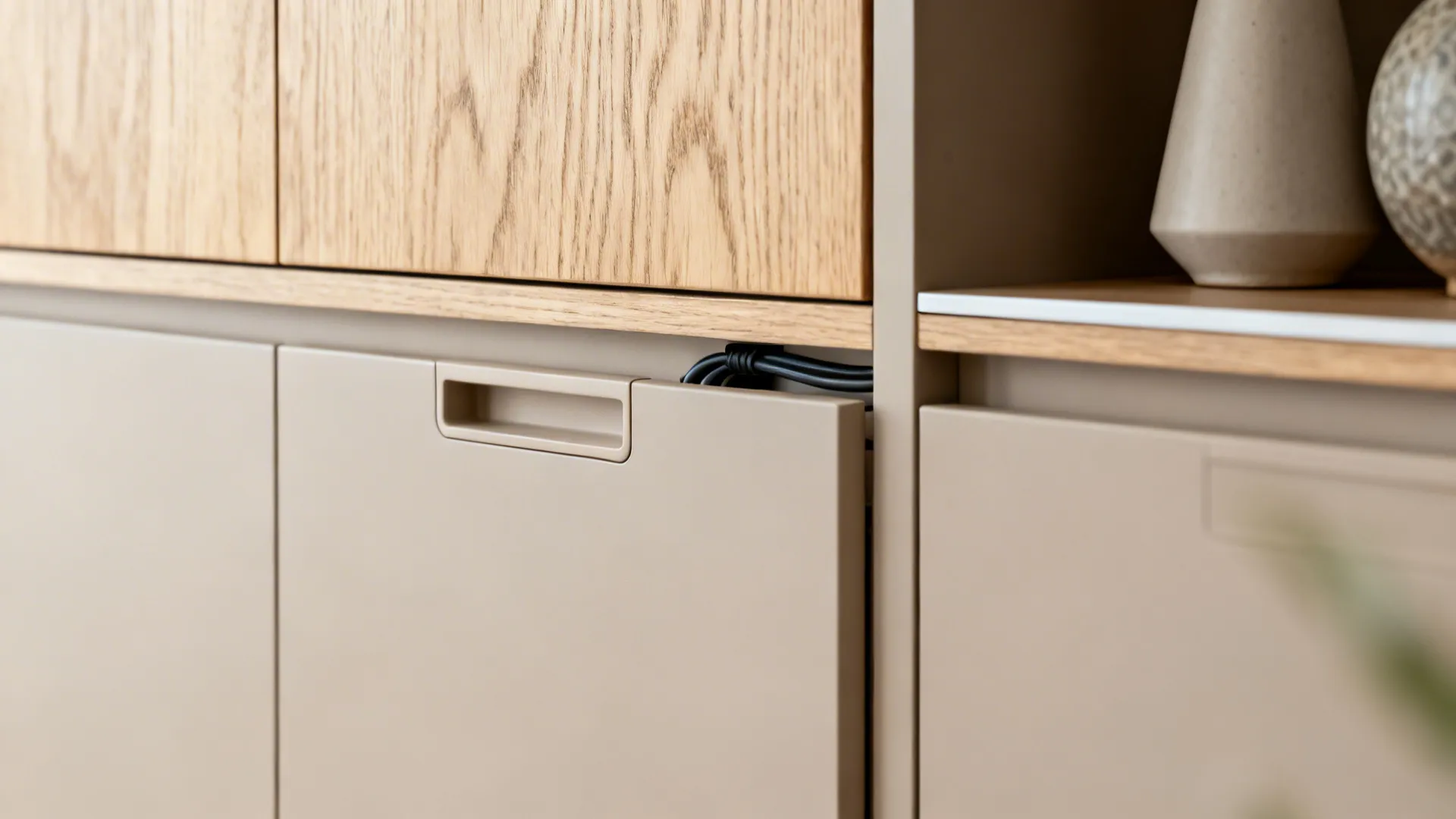 Macro of light oak veneer, matte cabinet front, and clean cable pass-through on a storage wall.