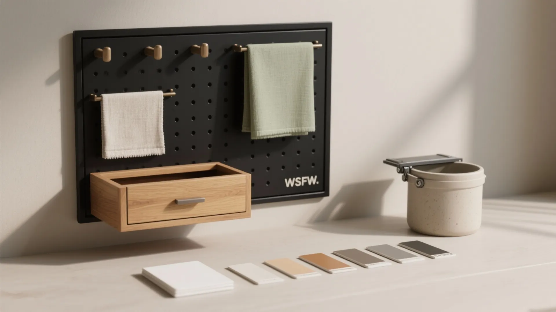 Storage-in-plain-sight: wall grids, headboard niches, and underbed drawers