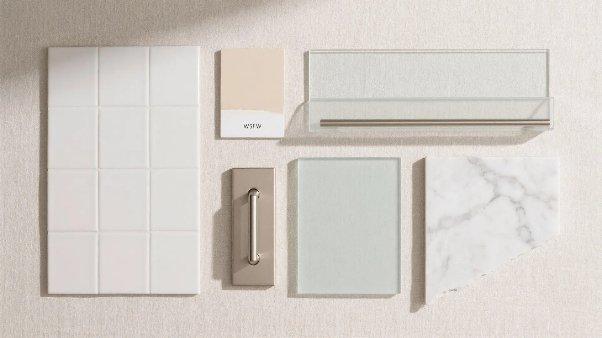 Flat lay showing white square tiles metal handle paint sample and marble for interior design