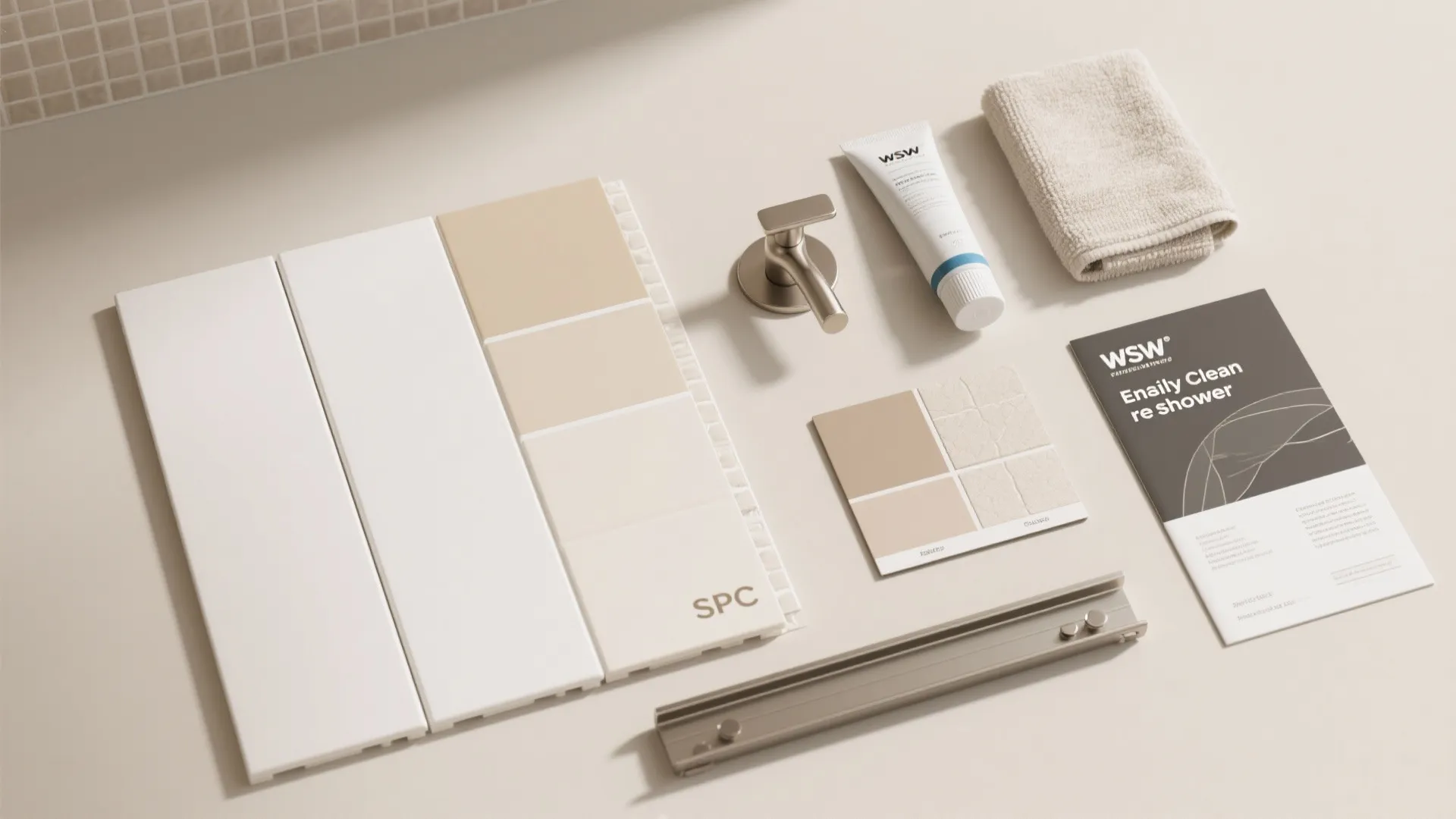 Top-down flat lay of solid-surface and SPC panel samples with brushed nickel hardware for shower walls.