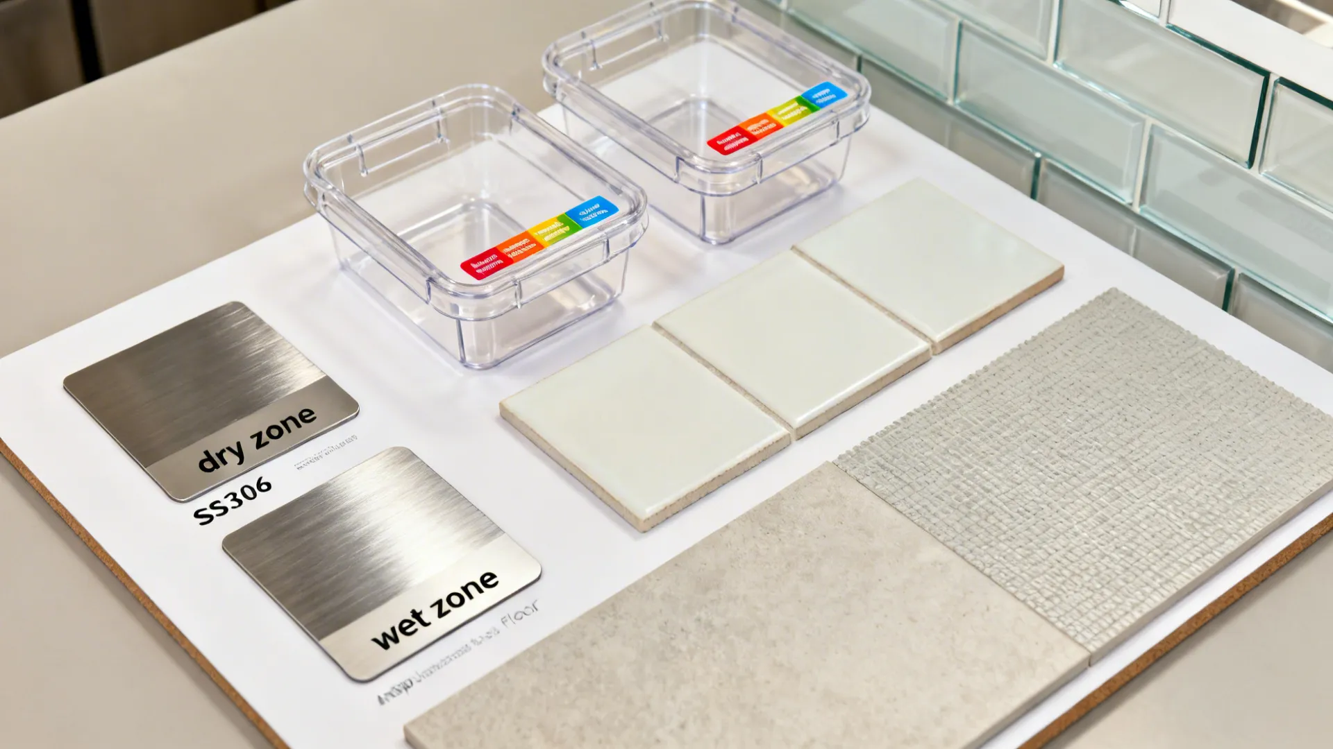 Flat lay of SS304/SS316 swatches, clear bins, glass backsplash, and tiles for hygienic storage design.