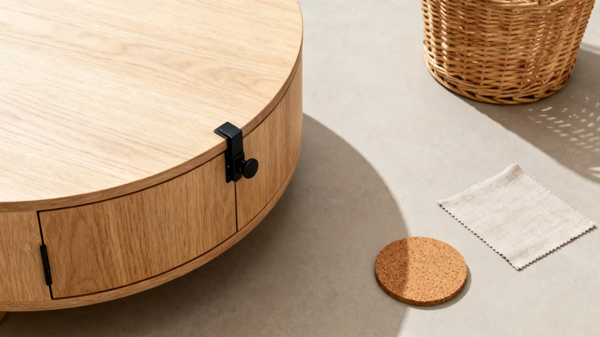 Flat lay of light oak, matte black hardware, soft-close hinge, rattan basket, and neutral fabric swatches.
