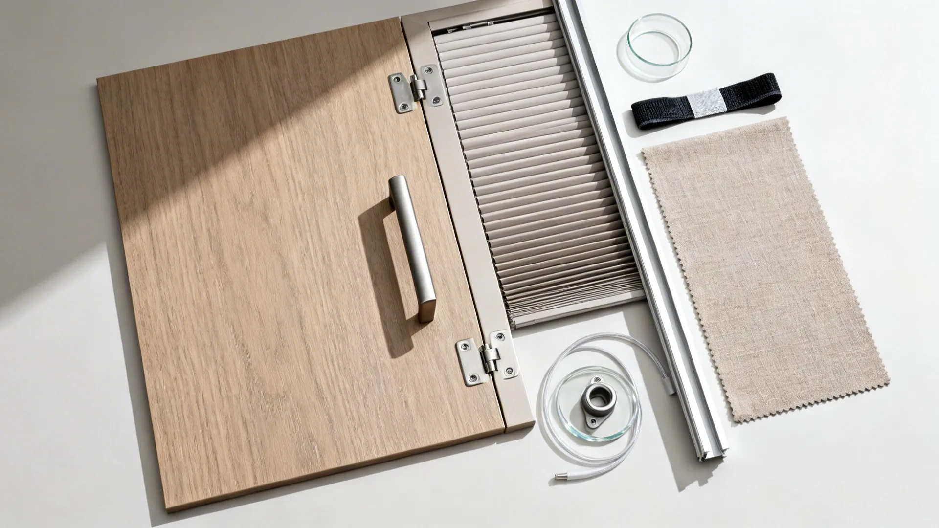 Flat lay of oak veneer, hinge hardware, tambour sample, pulls, and cable management accessories.