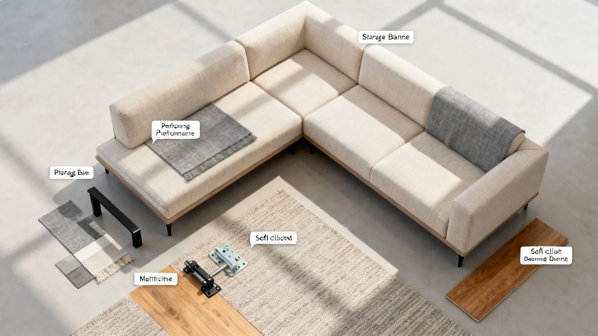 Modern beige sofa with labels showing storage materials metal parts wood panels and soft fabric