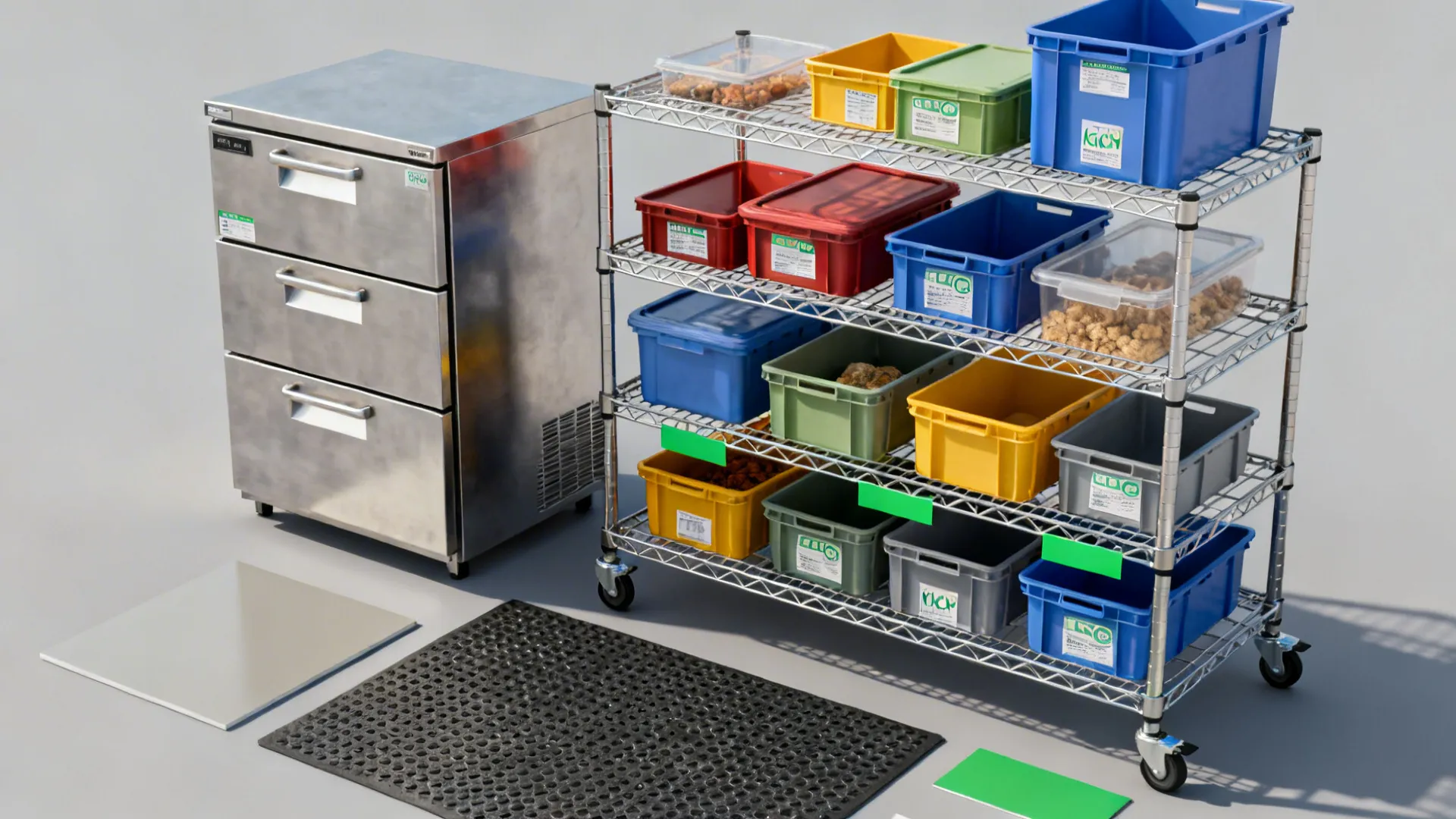 Flat lay of stainless drawers, caster shelves, and color-coded bins for HACCP storage.