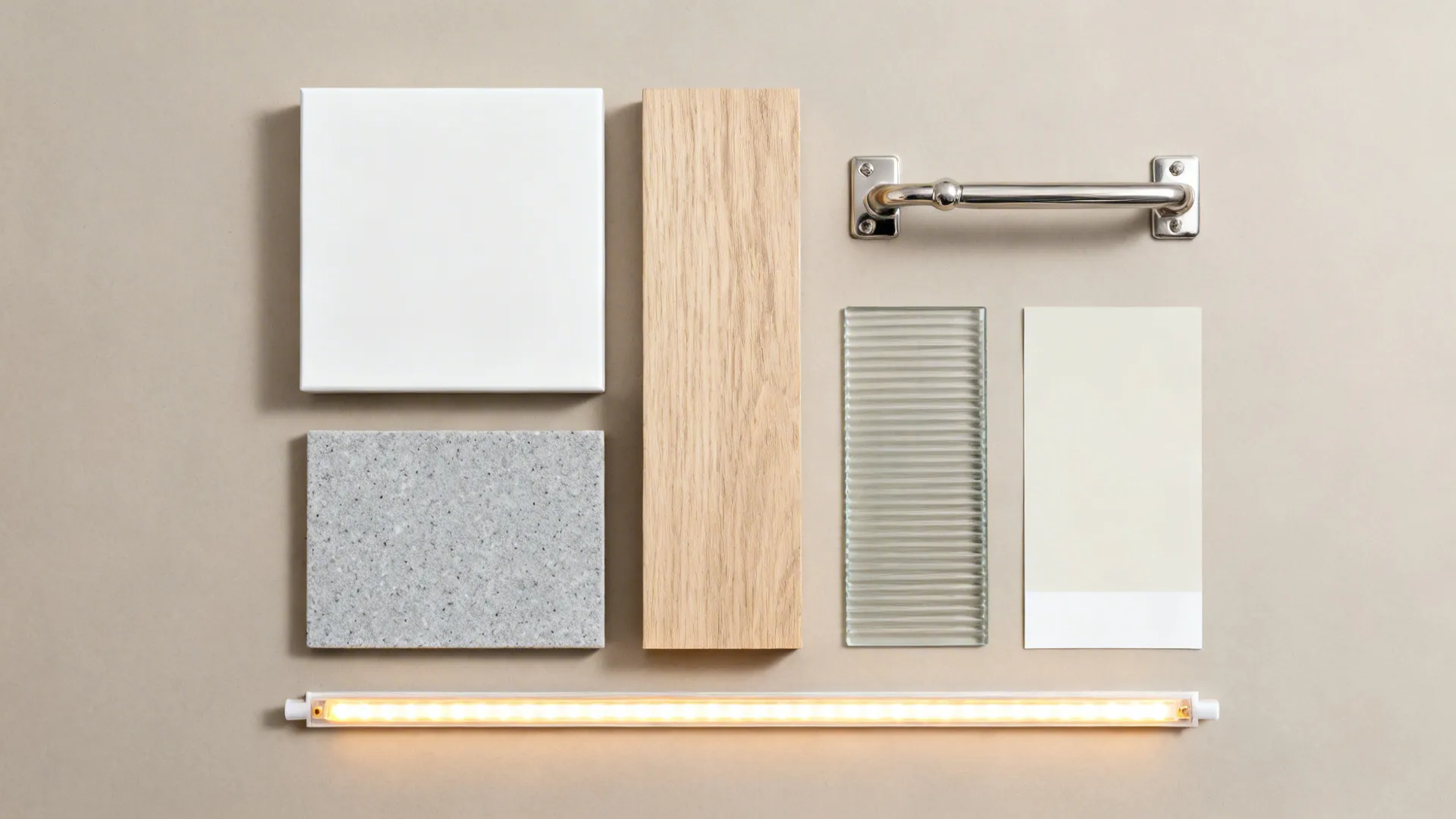 Selection of interior design materials including wood, stone, glass, white tile, metal handle and light