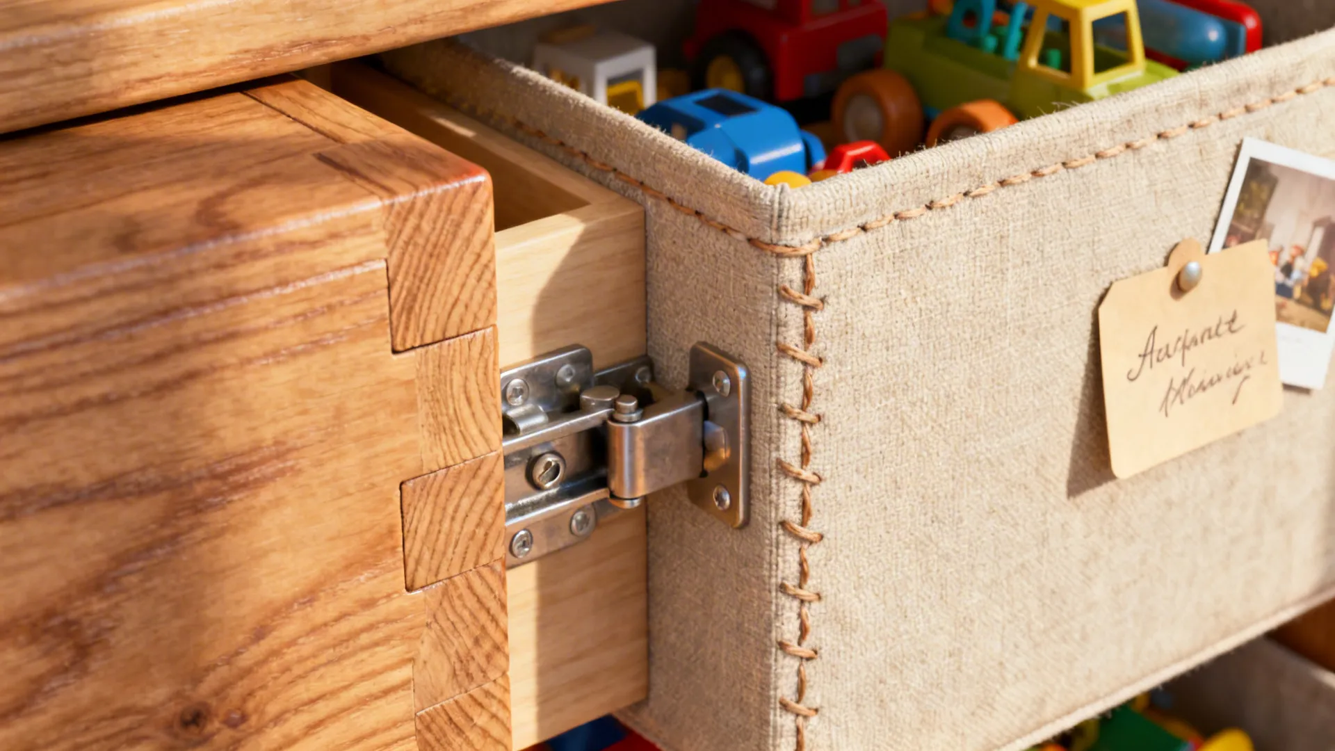 Macro detail of wood drawer, canvas bin stitching, and soft-close hinge for toy storage.