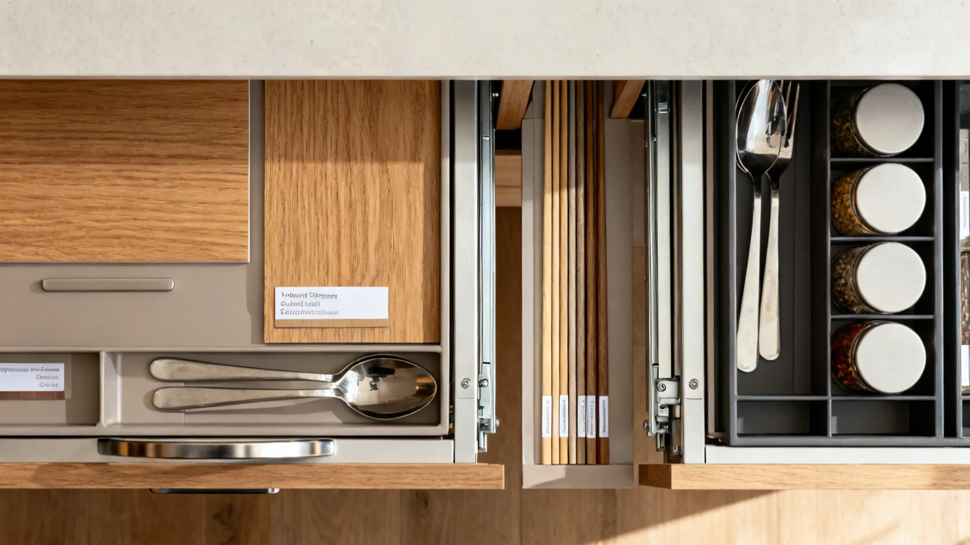 Flat lay of drawer dividers, pullout hardware, oak veneer, and matte finishes for minimalist storage.