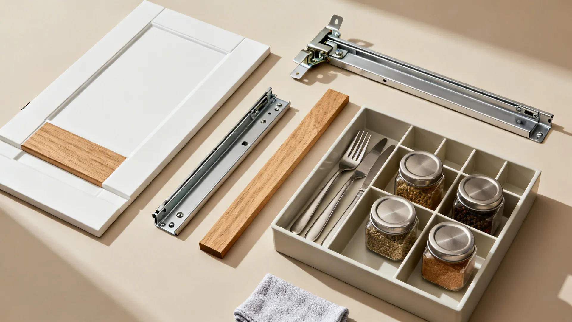 Top-down flat lay of cabinet samples, oak veneer, soft-close hardware, and slim organizers.