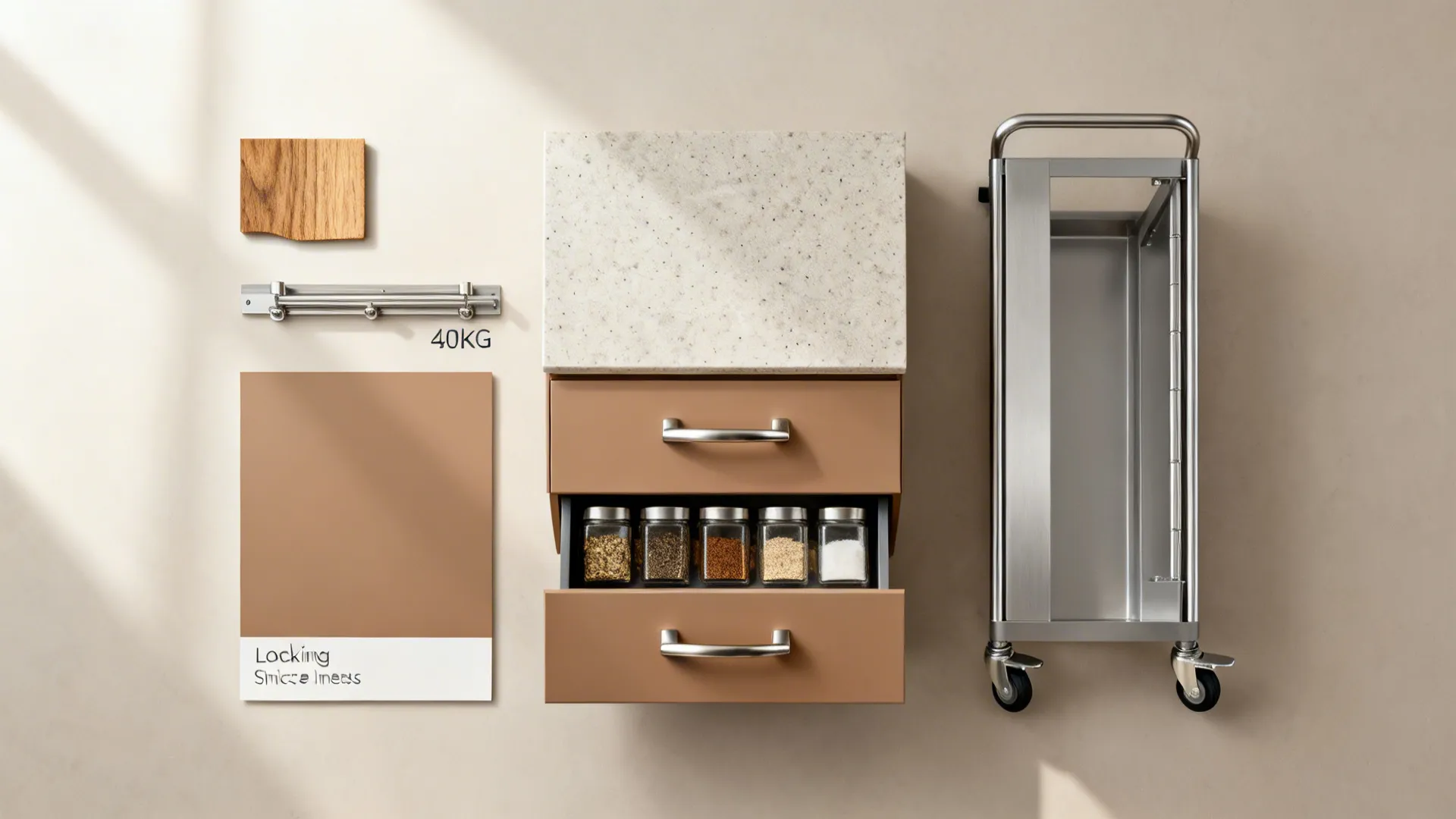 Storage choreography: drawers, spice pull-outs, and a landing cart