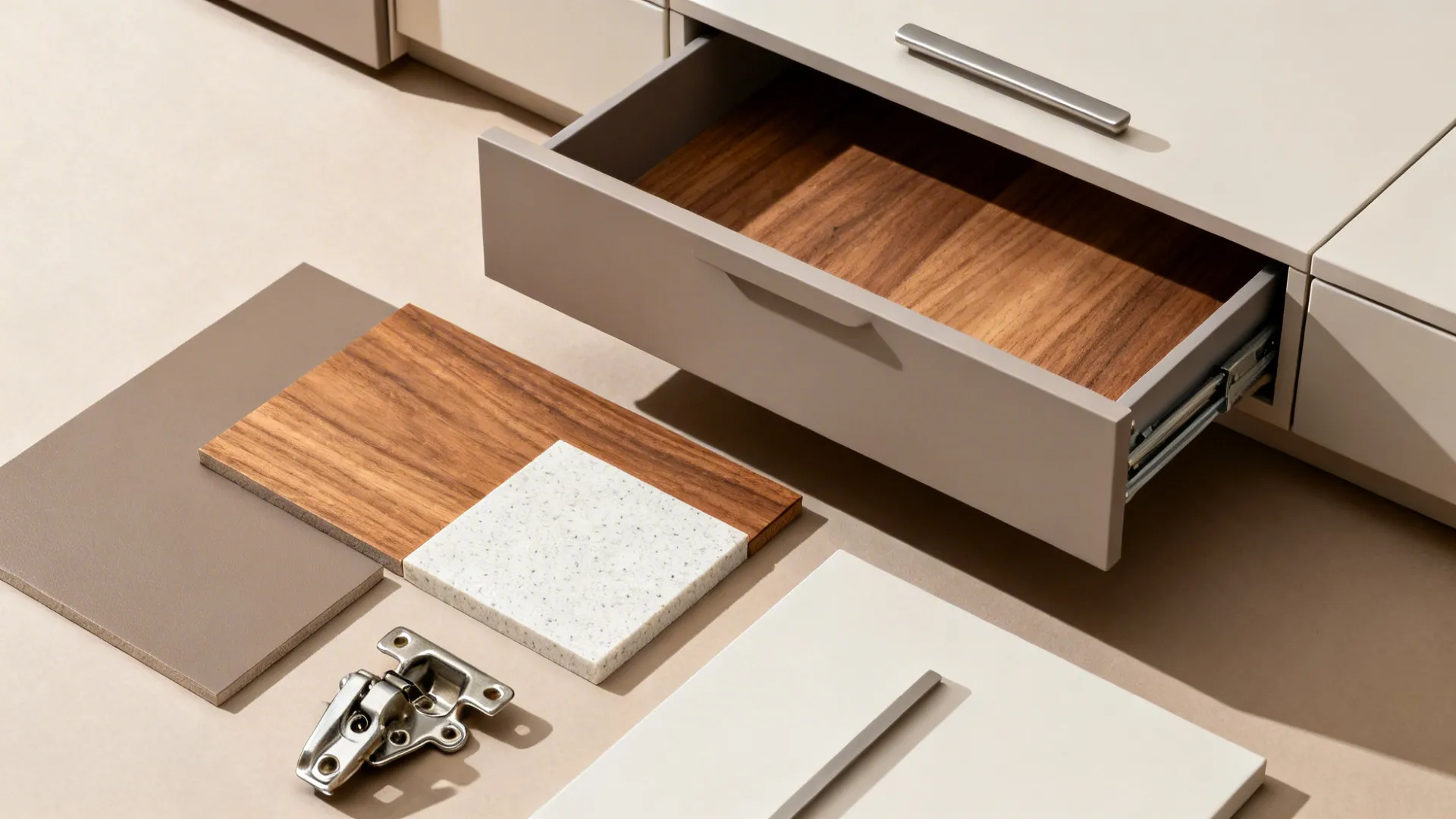 Flat lay of matte laminate, ash wood, quartz, and pull-out hardware for tall units.