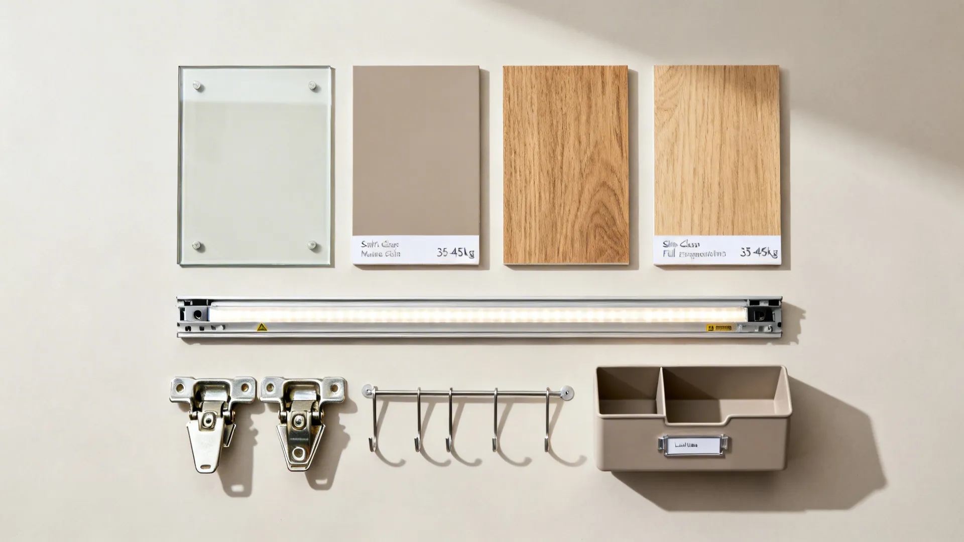 Flatlay of low-iron glass, cabinet finishes, slides, hinges, rail hooks, LEDs, and bins.