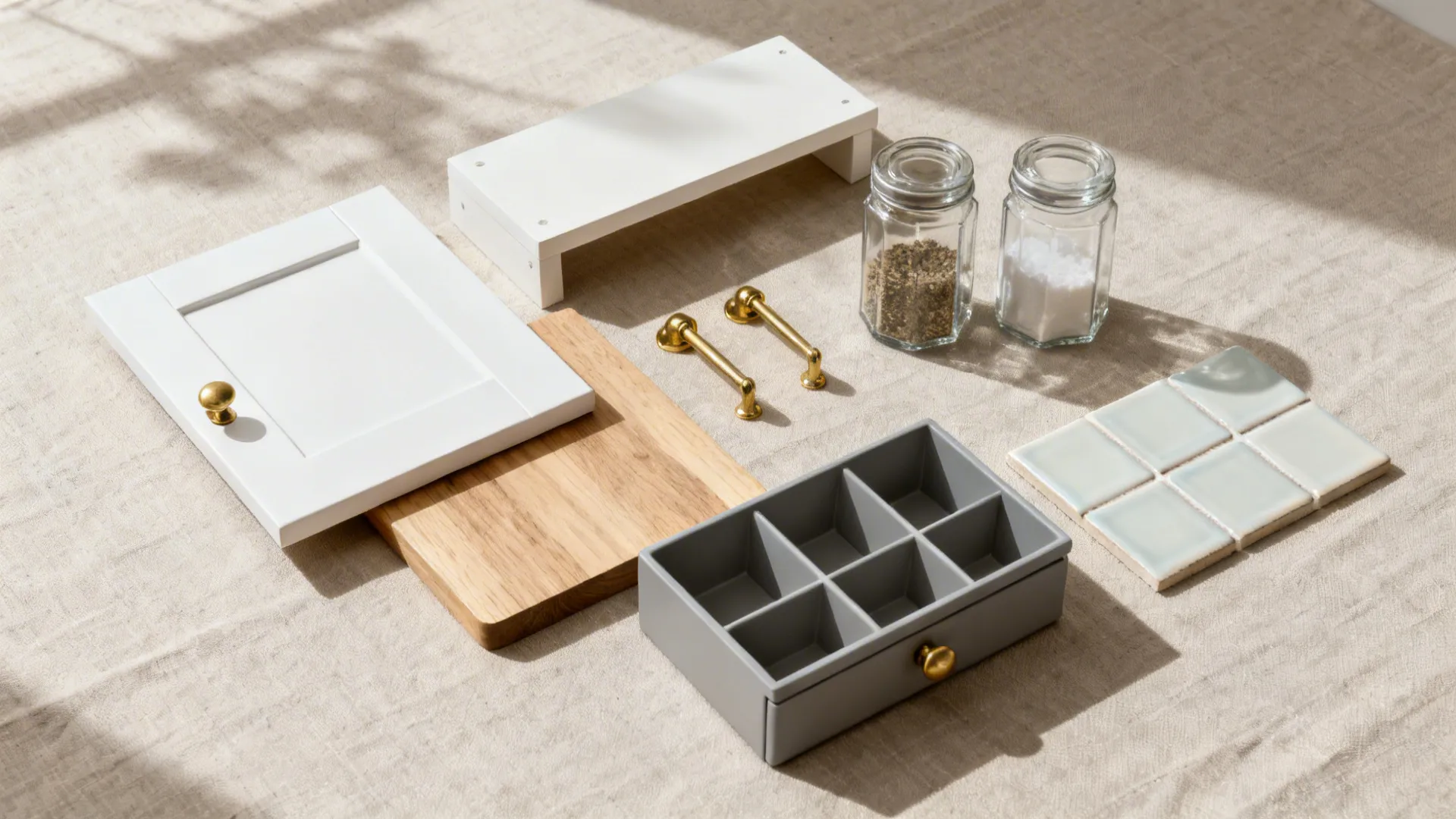 Material flat lay with matte white cabinet, oak shelf, brass pull, organizers, and glazed tile.